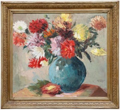 Hans Fey - Framed 1932 Oil, Vibrant Dahlias