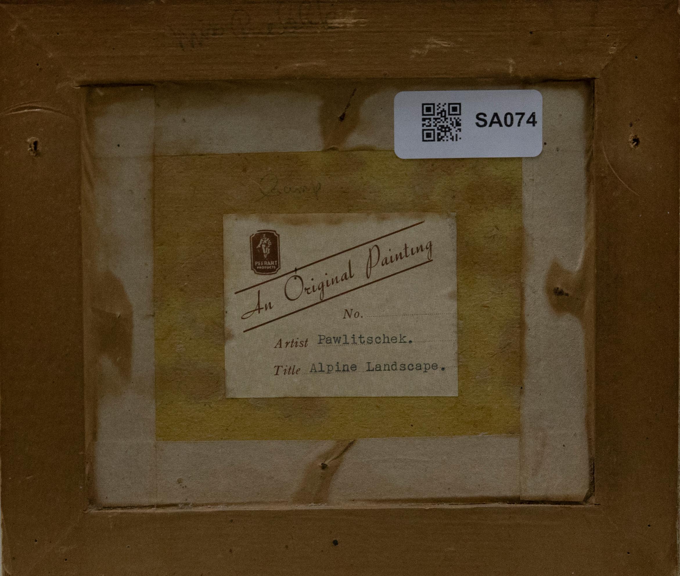Una deliziosa scena in miniatura dell'artista austriaco Hans Pawlitschek (1909-1972), che raffigura un panorama alpino con un grande chalet con struttura in legno sulla sinistra. Firmato dall'artista in basso a sinistra. Ben presentato in una