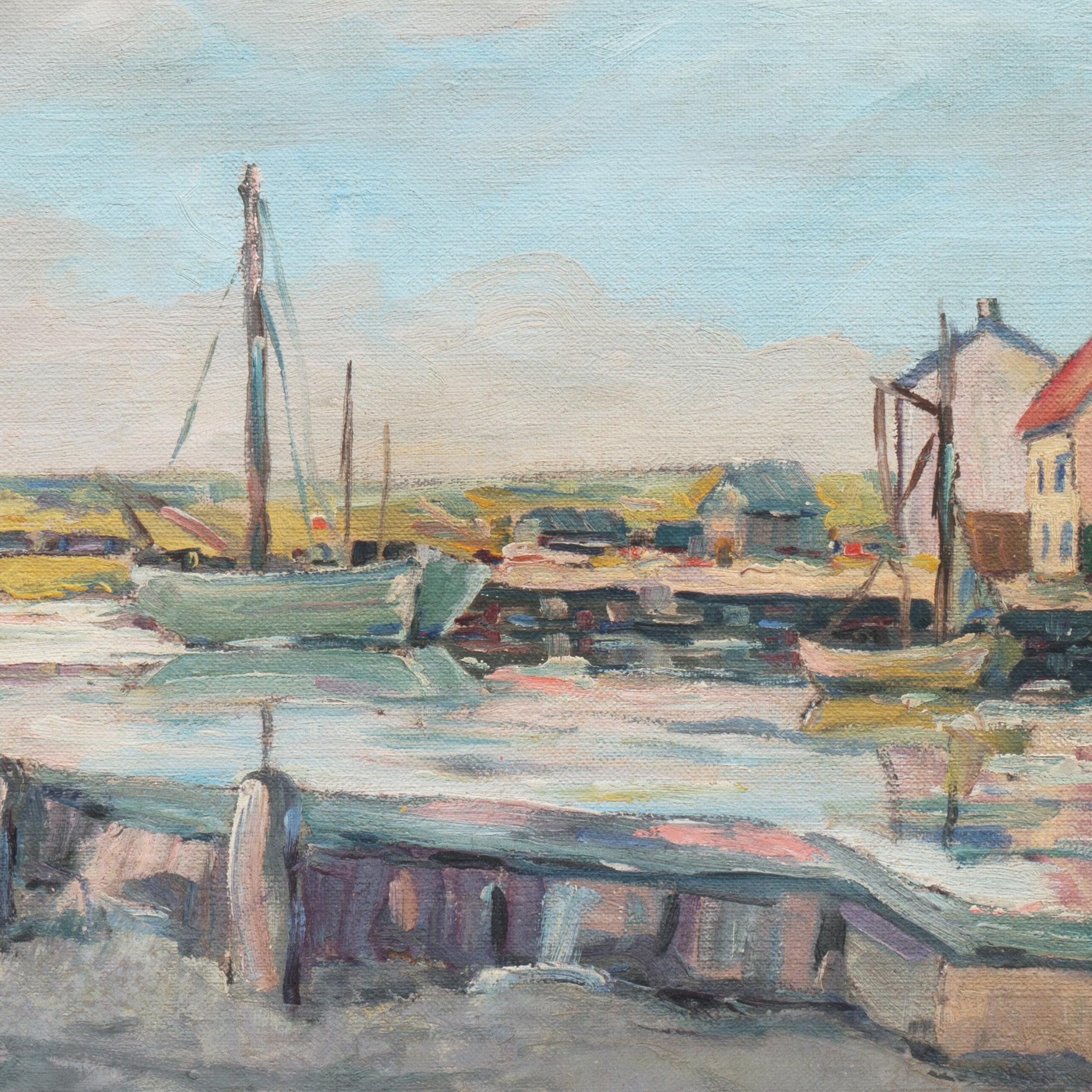 Initialed 'J.H.' lower right and painted circa 1950.

A delicately painted Impressionist marine oil showing sailing boats moored to a jetty beyond a harbor wall beneath a sunset sky.