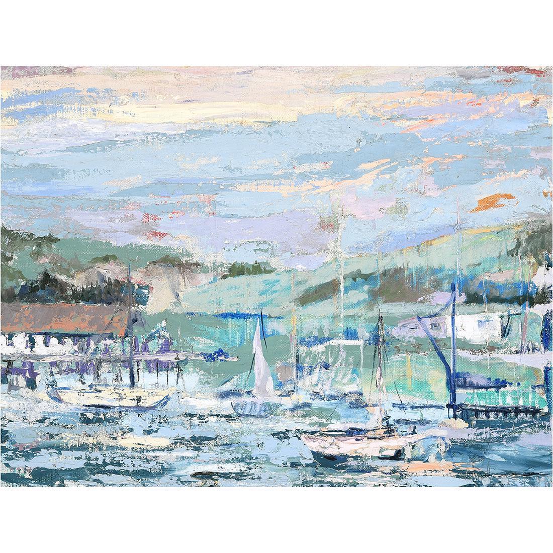 Unknown Landscape Painting - Harbor Scene with Sailboats Impressionist Seascape Oil Painting