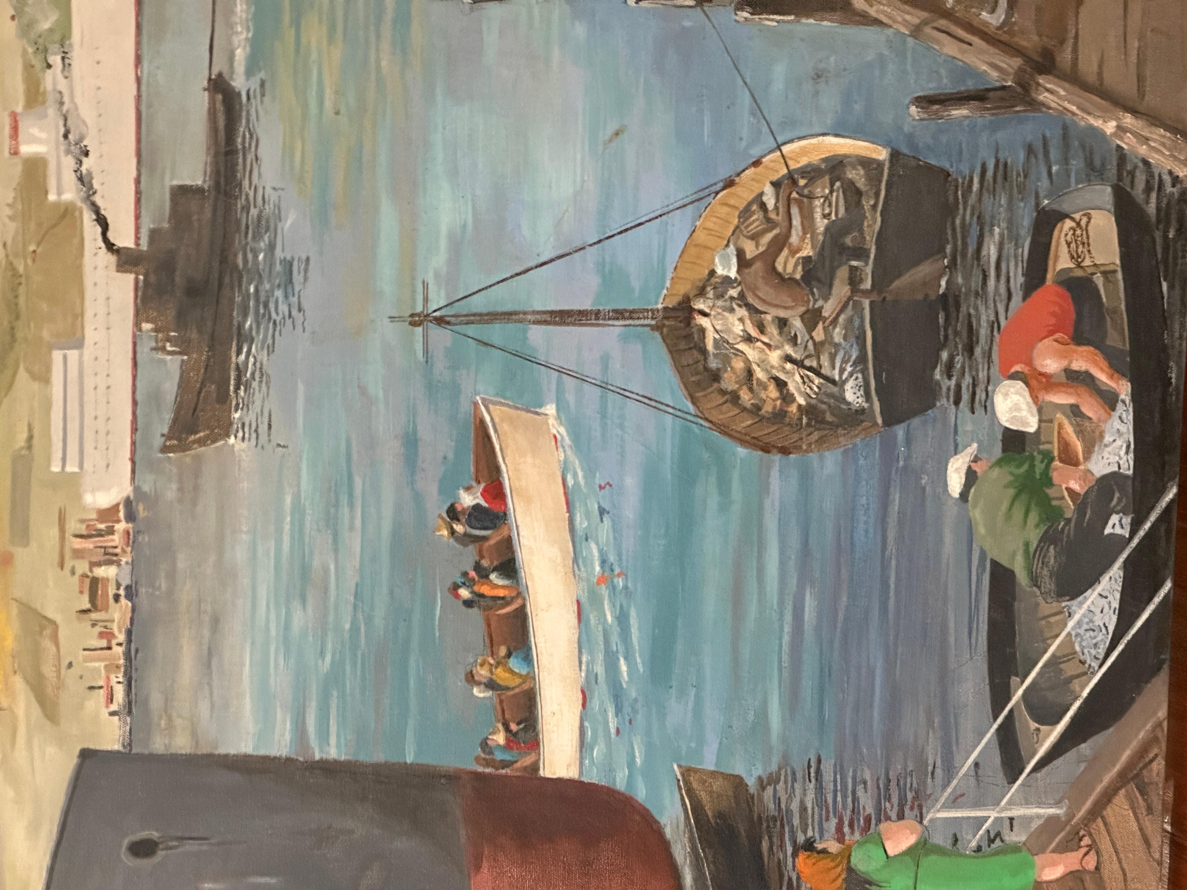 Harbor Stories: The Pulse of Pier 12 Continuous Narrative Acrylgemälde im Angebot 1