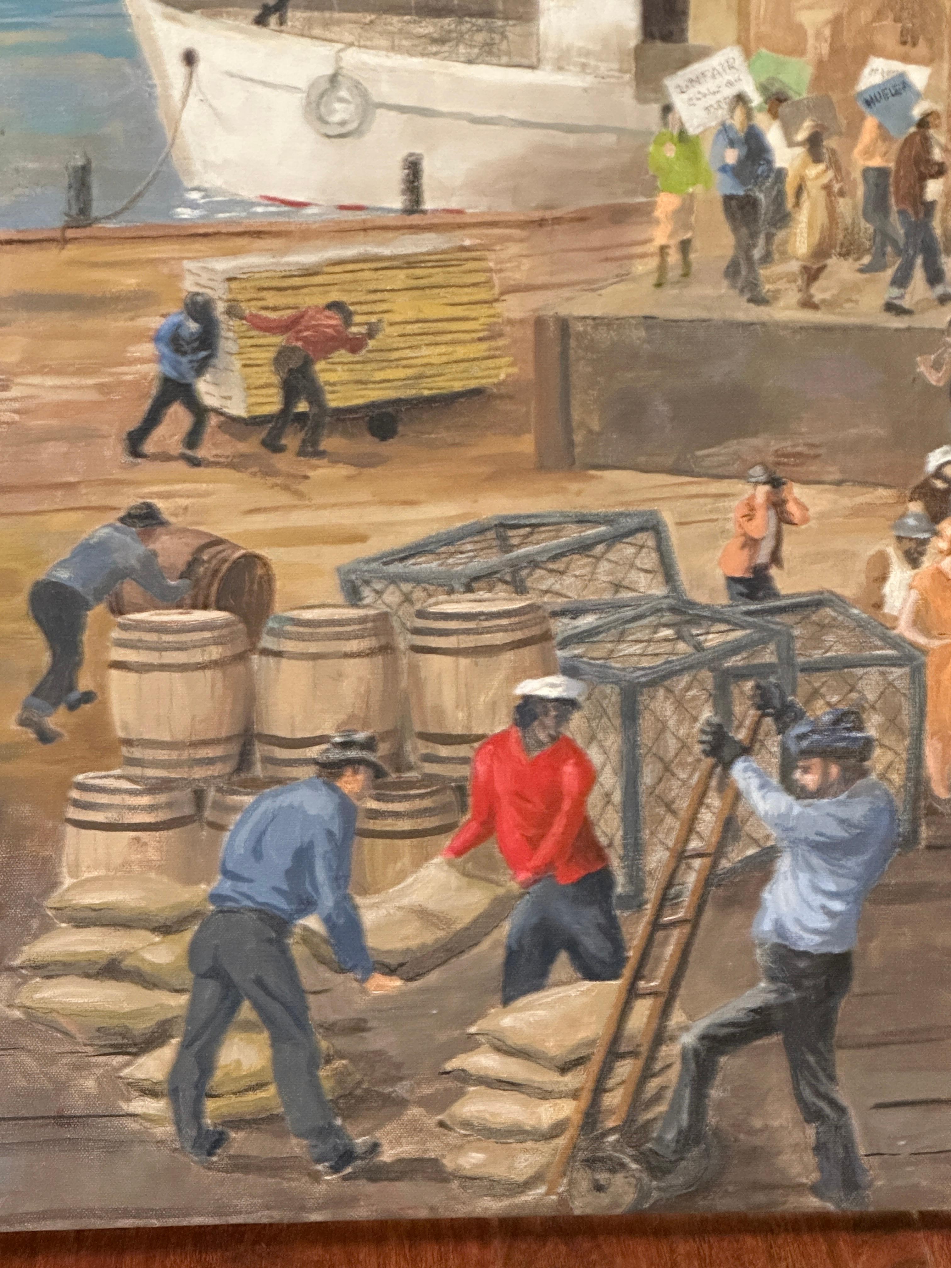 Harbor Stories: The Pulse of Pier 12 Continuous Narrative Acrylgemälde im Angebot 3