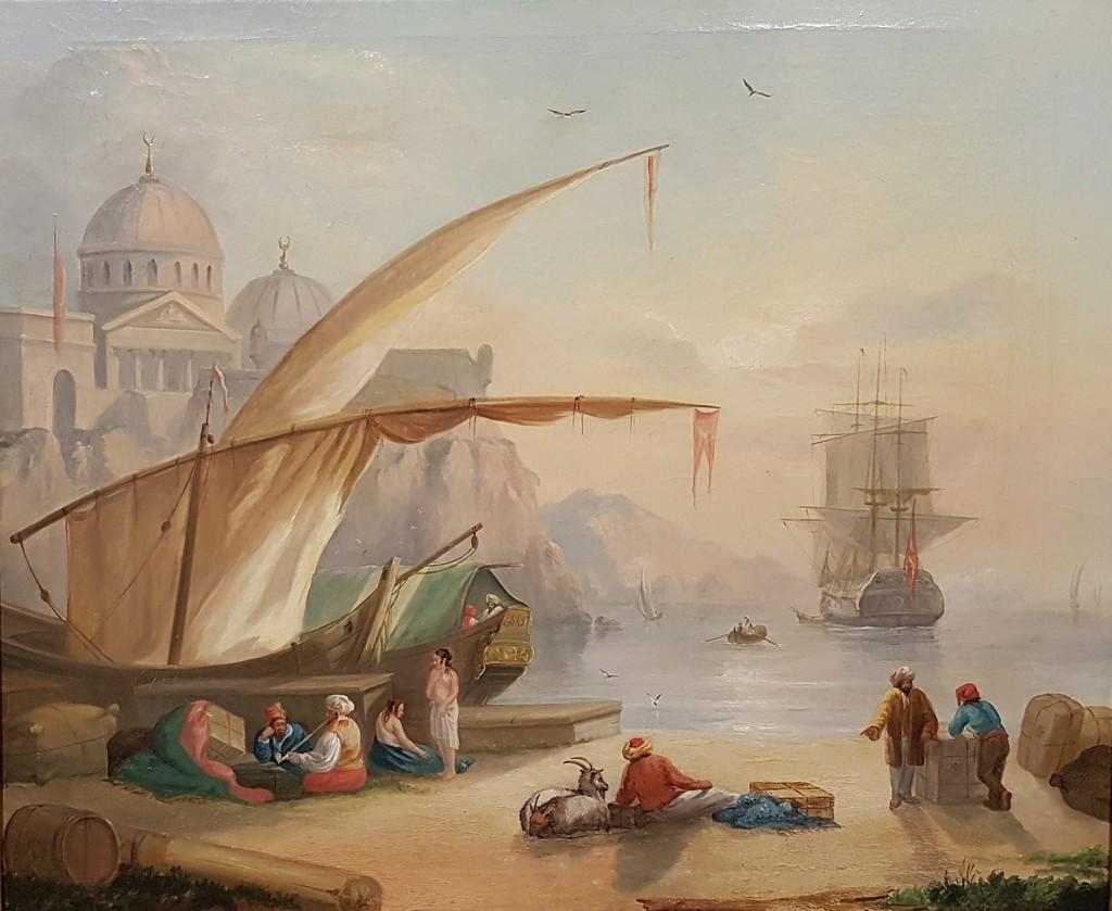 Harbor View with Merchants and a Mosque - 19th Century -  Painting - Modern