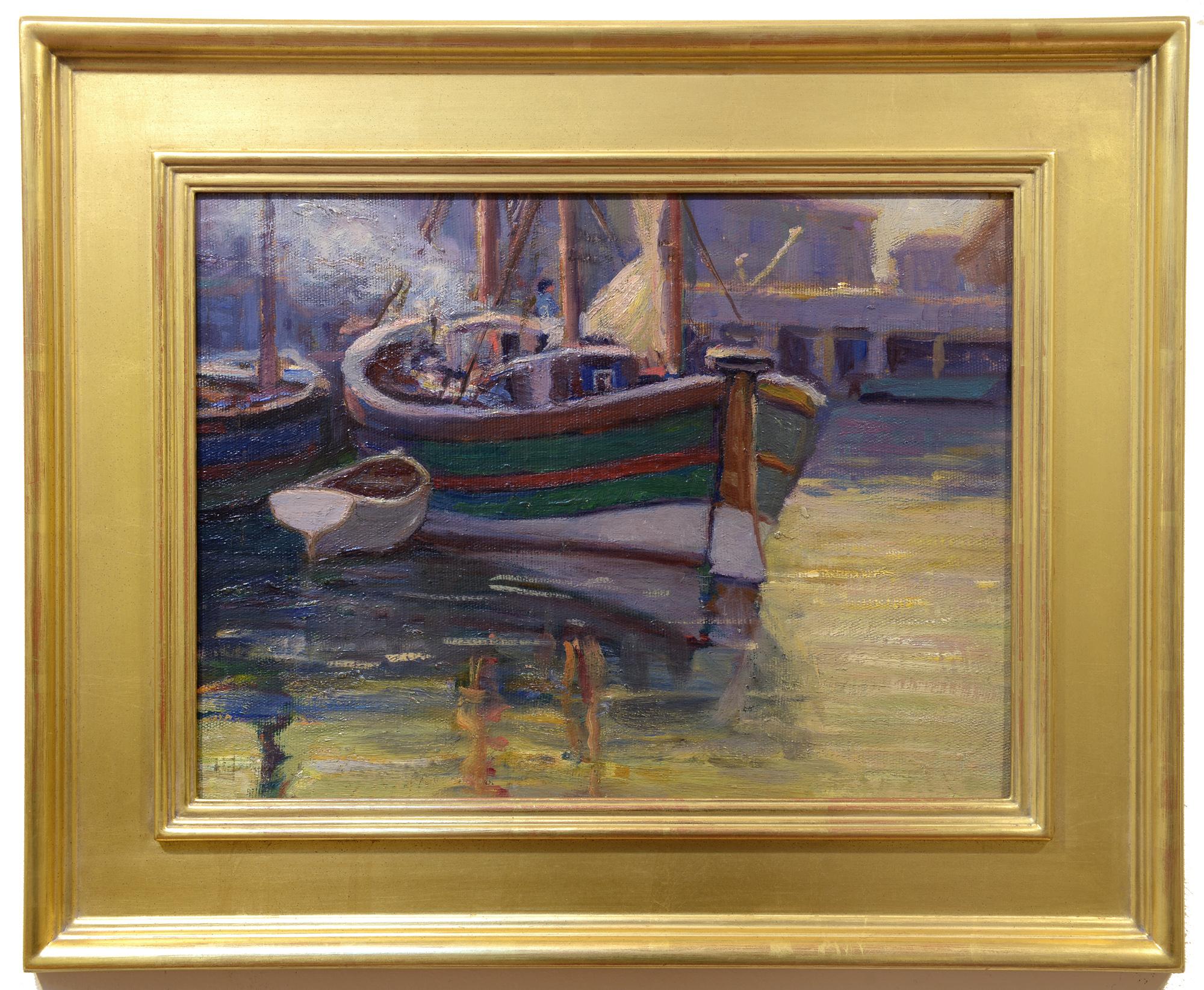 Harborfront, amerikanischer Impressionist, 20. Jahrhundert, Holzsegelschiffe in Dock – Painting von Unknown