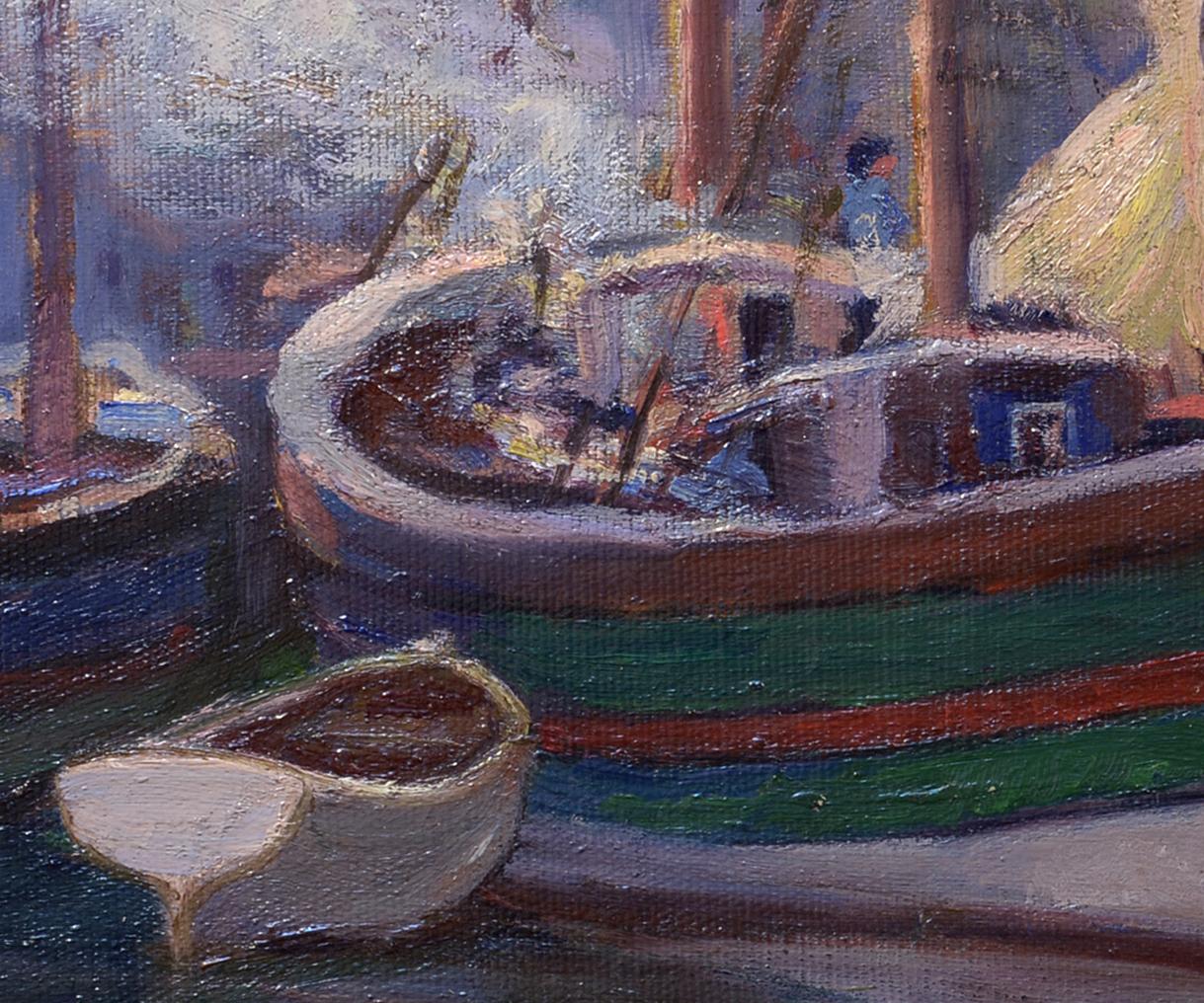 Harborfront, amerikanischer Impressionist, 20. Jahrhundert, Holzsegelschiffe in Dock (Amerikanischer Impressionismus), Painting, von Unknown