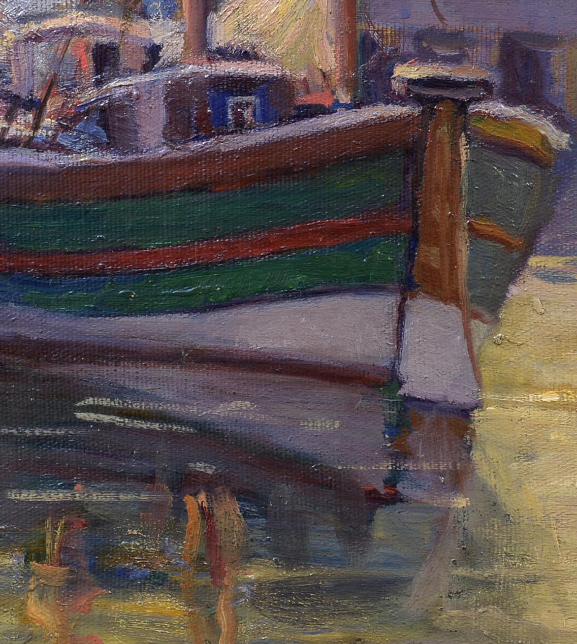 Harborfront, American Impressionist, 20th Century, Wooden Sailing Ships at Dock For Sale 1