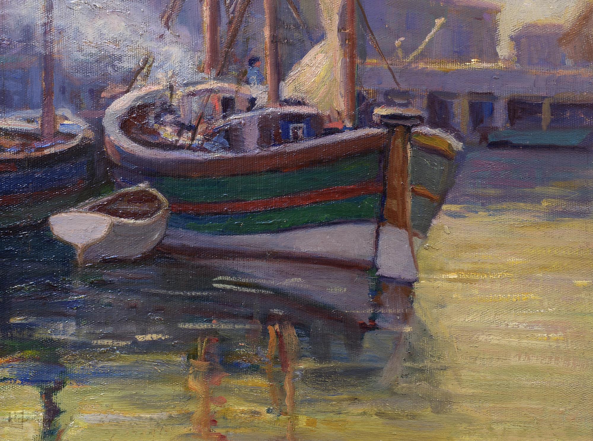 Unknown Landscape Painting – Harborfront, amerikanischer Impressionist, 20. Jahrhundert, Holzsegelschiffe in Dock
