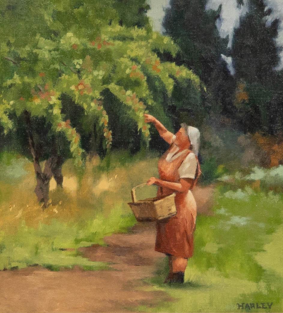 Harely  - Mid 20th Century Oil, Fruit Picker - Painting by Unknown