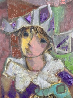 Pintura cubista de mediados de siglo con un arlequín y una niña violinista
