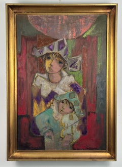 Pintura cubista de mediados de siglo con un arlequín y una niña violinista