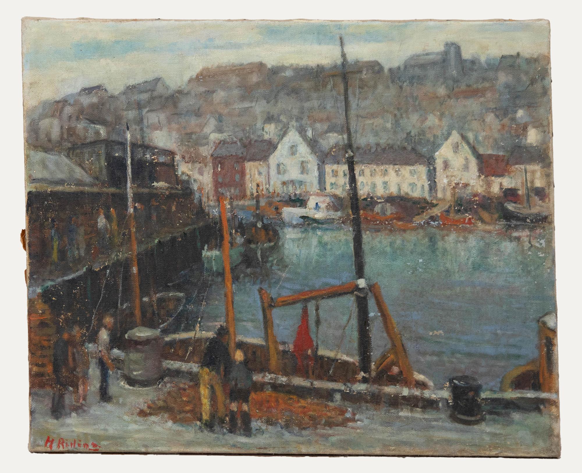 Harold L Riding RCA (1886-1981) - Olio della metà del XX secolo, Fish Dock Scarborough - Painting di Unknown