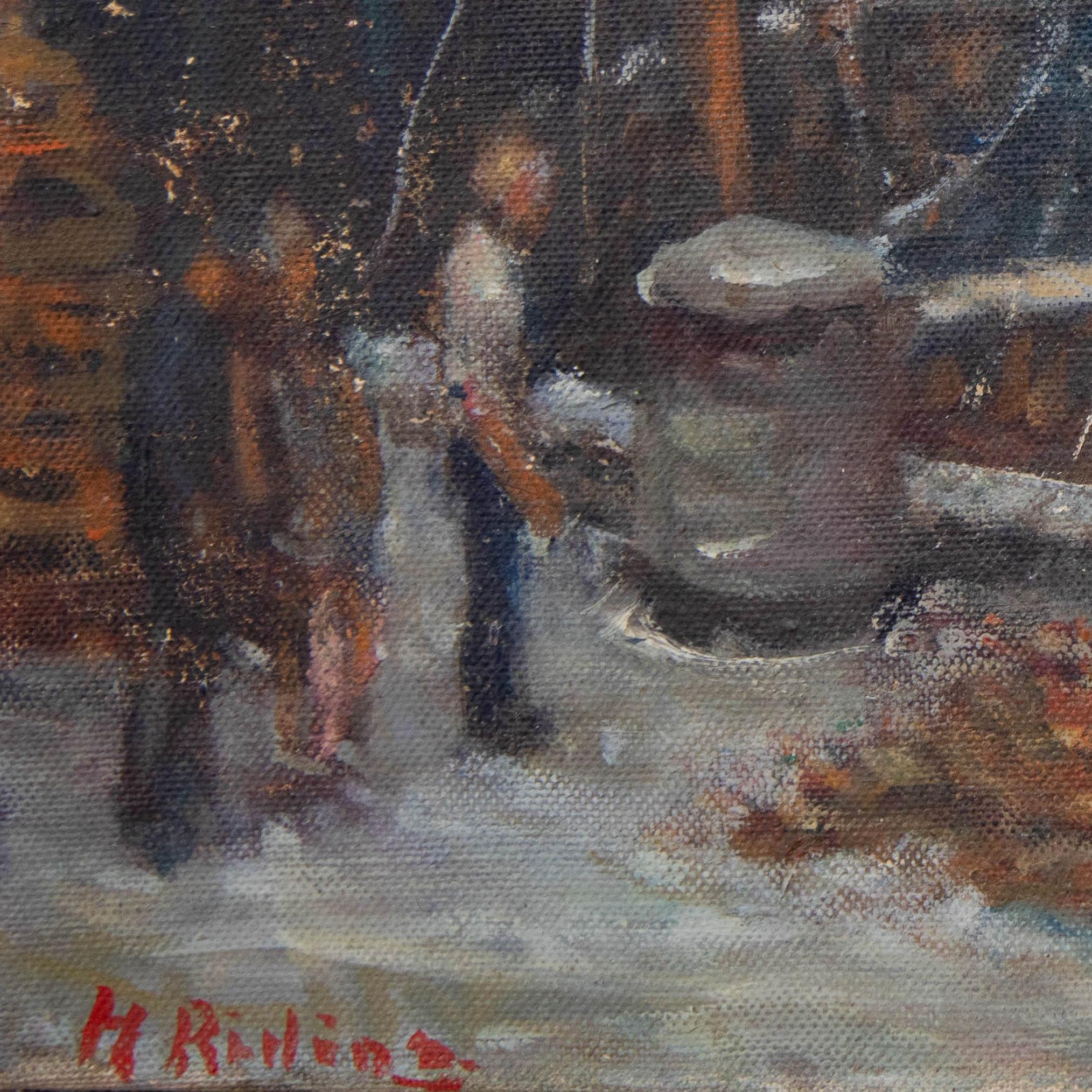 Un meraviglioso olio della metà del secolo scorso dell'artista britannico Harold Riding RCA, che raffigura delle barche da pesca ormeggiate al porto di Scarborough. Firmato dall'artista in basso a sinistra. Su tela su barelle. 