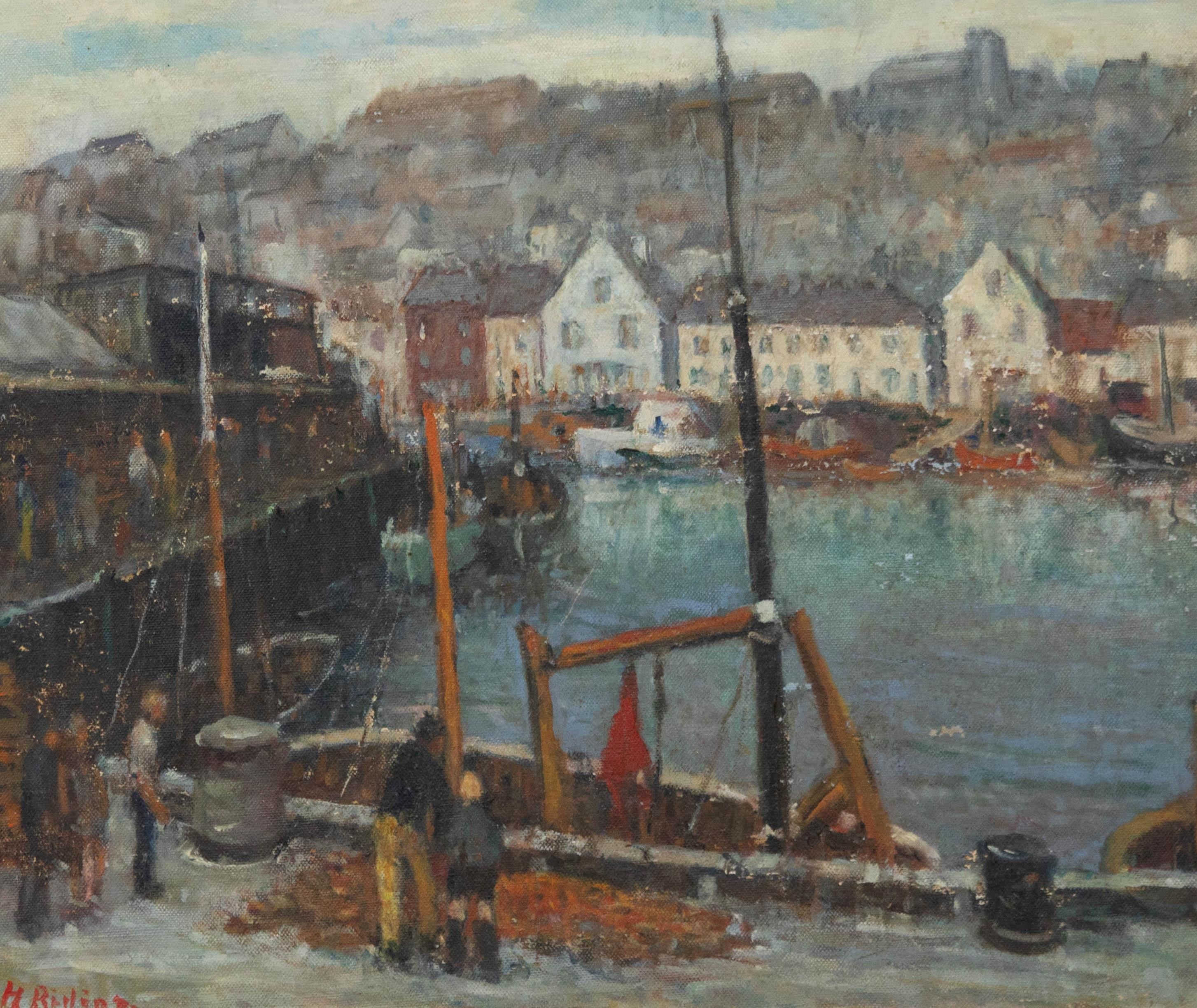Unknown Figurative Painting - Harold L Riding RCA (1886-1981) - Mid 20th Century Oil, Fish Dock Scarborough