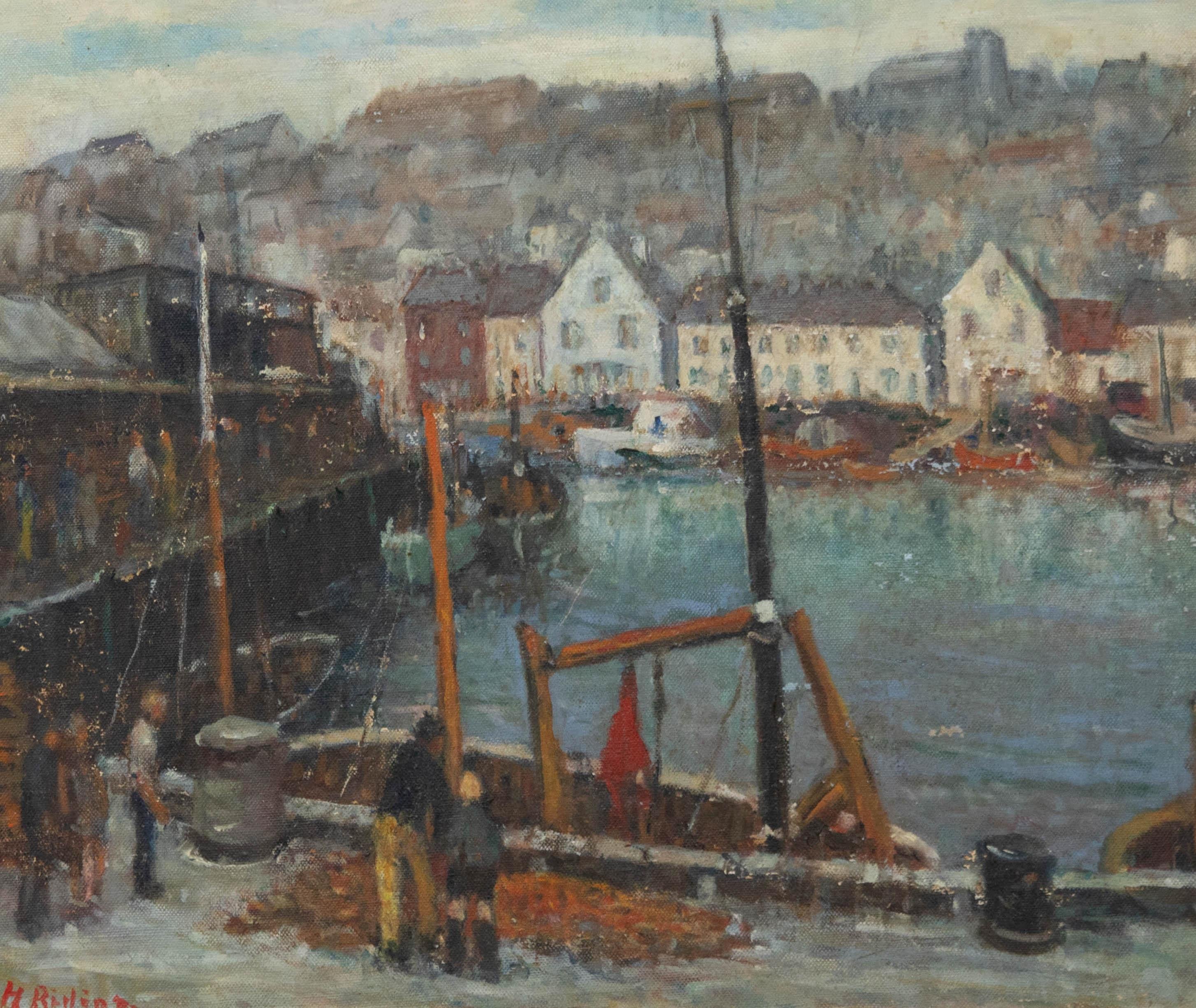 Figurative Painting di Unknown - Harold L Riding RCA (1886-1981) - Olio della metà del XX secolo, Fish Dock Scarborough