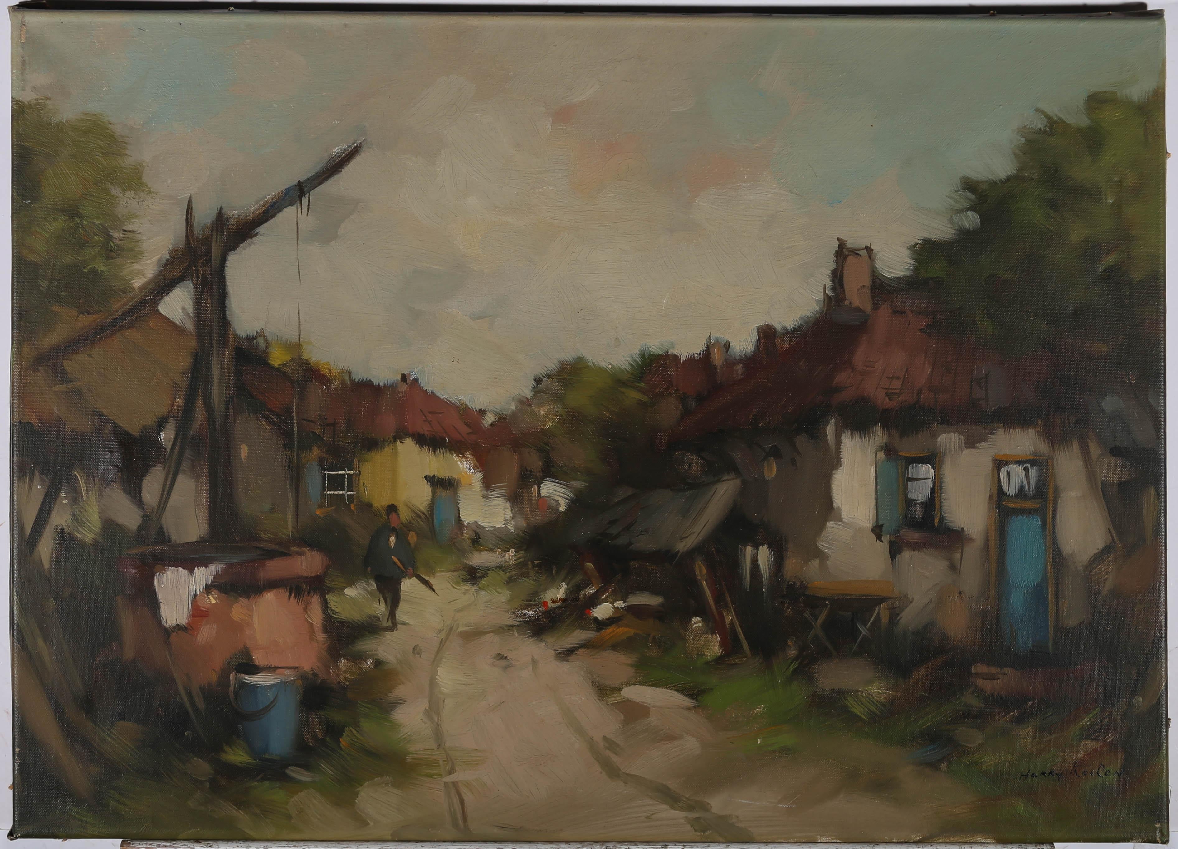 Harry Kooren - Début du 20e siècle Huile, Personnage dans une cour de ferme - Marron Landscape Painting par Unknown