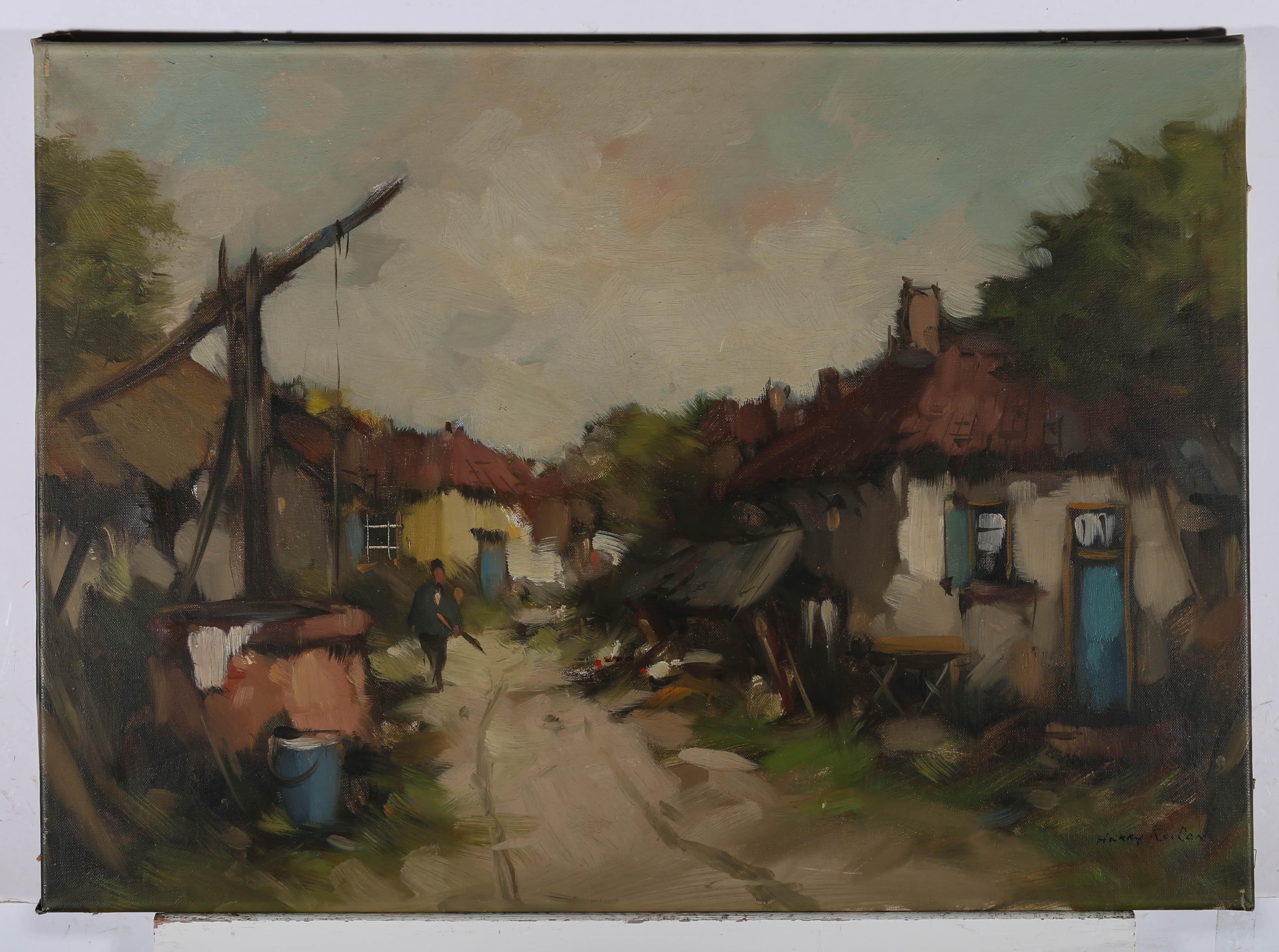 Scène impressionniste de l'artiste H. Kooren représentant une cour de ferme en activité, avec des dépendances, des poules et un puits. On aperçoit une silhouette, une bêche à la main, marchant dans la cour encombrée. Signé en bas à droite et au