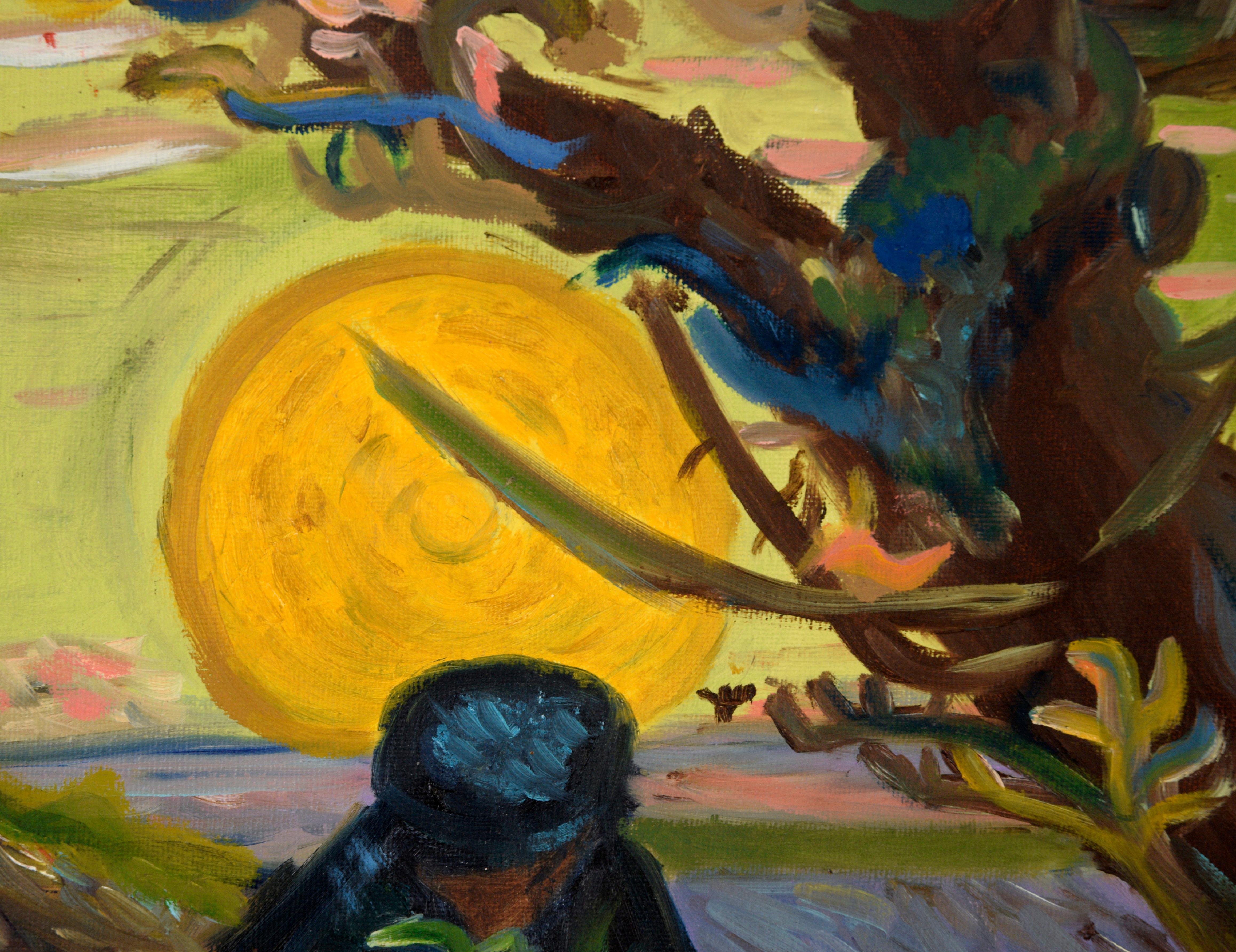 Harvesting at Sunrise - Post Impressionist Landscape - Painting by Unknown
