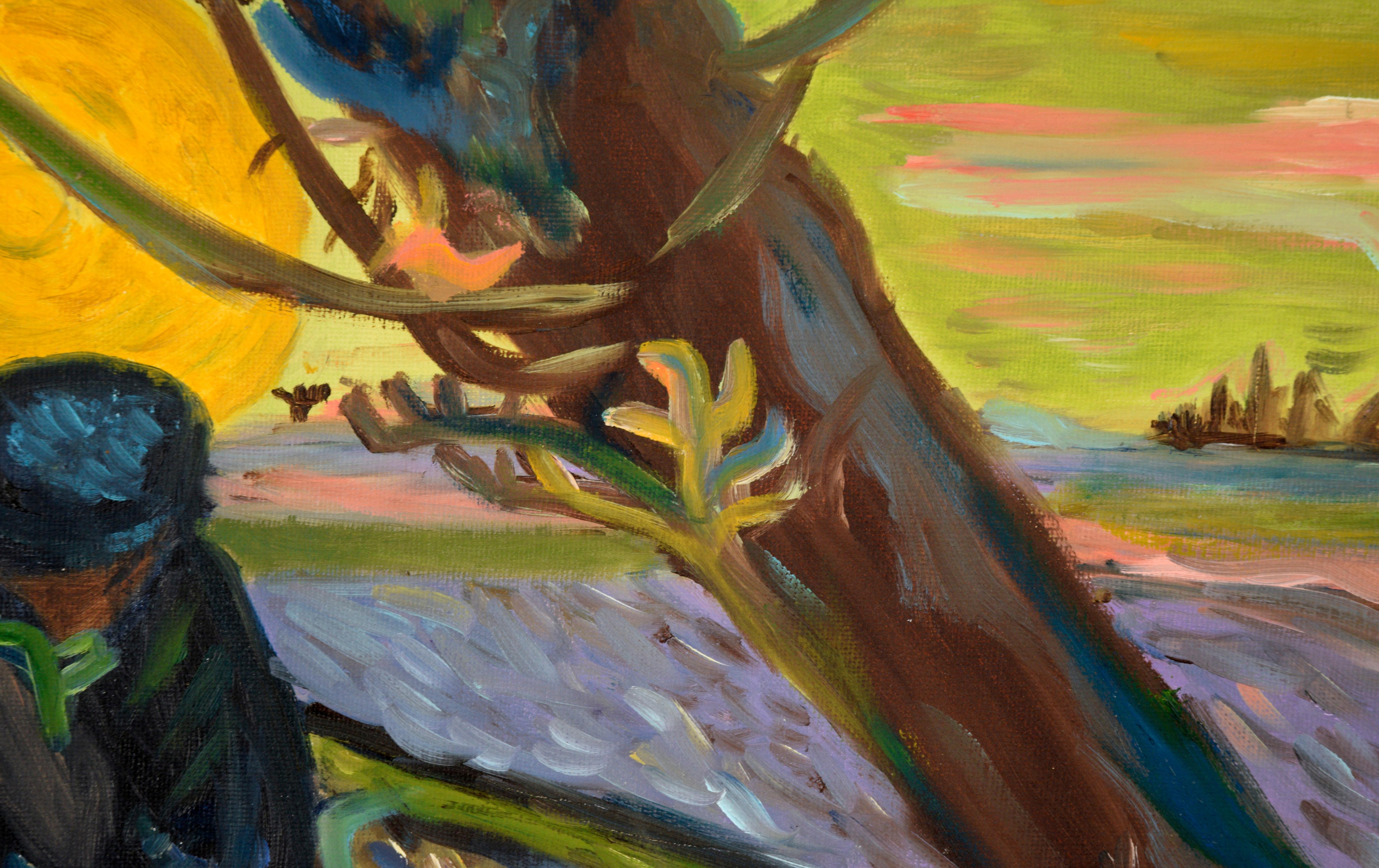 Harvesting at Sunrise - Post Impressionist Landscape - Post-Impressionist Painting by Unknown