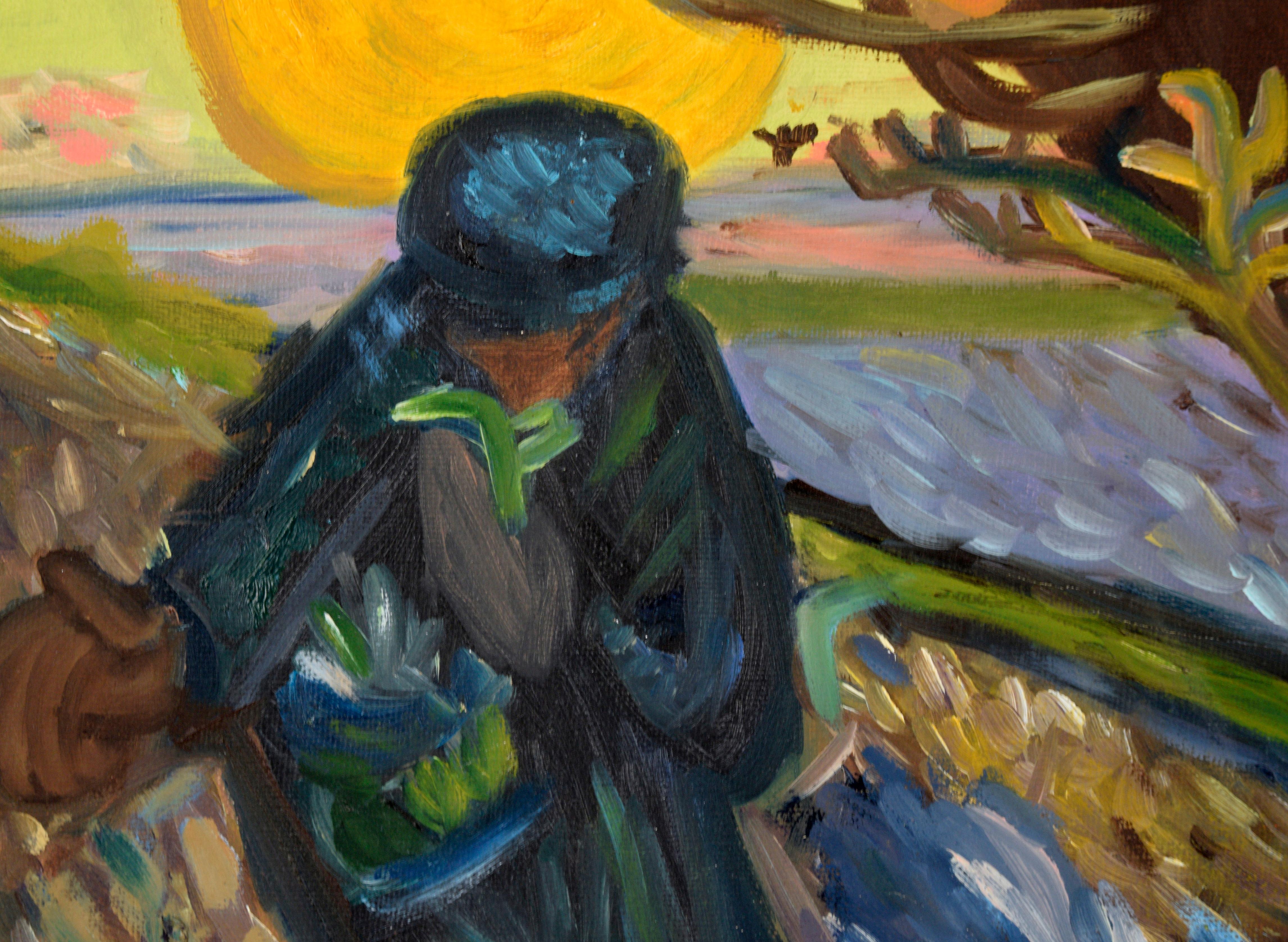 Harvesting at Sunrise – postimpressionistische Landschaft (Grau), Landscape Painting, von Unknown