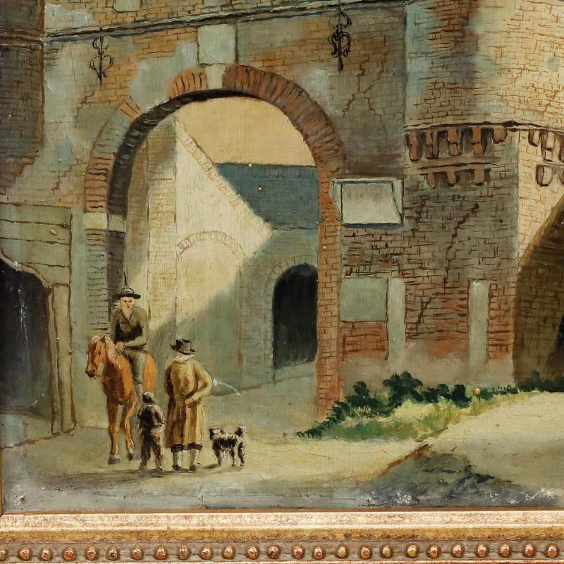 Une scène de rue hollandaise captivante, centrée autour d'une impressionnante arche en briques rouges. La composition témoigne d'une attention méticuleuse aux détails, chaque brique et chaque tuile étant rendue avec précision par des lignes fines et