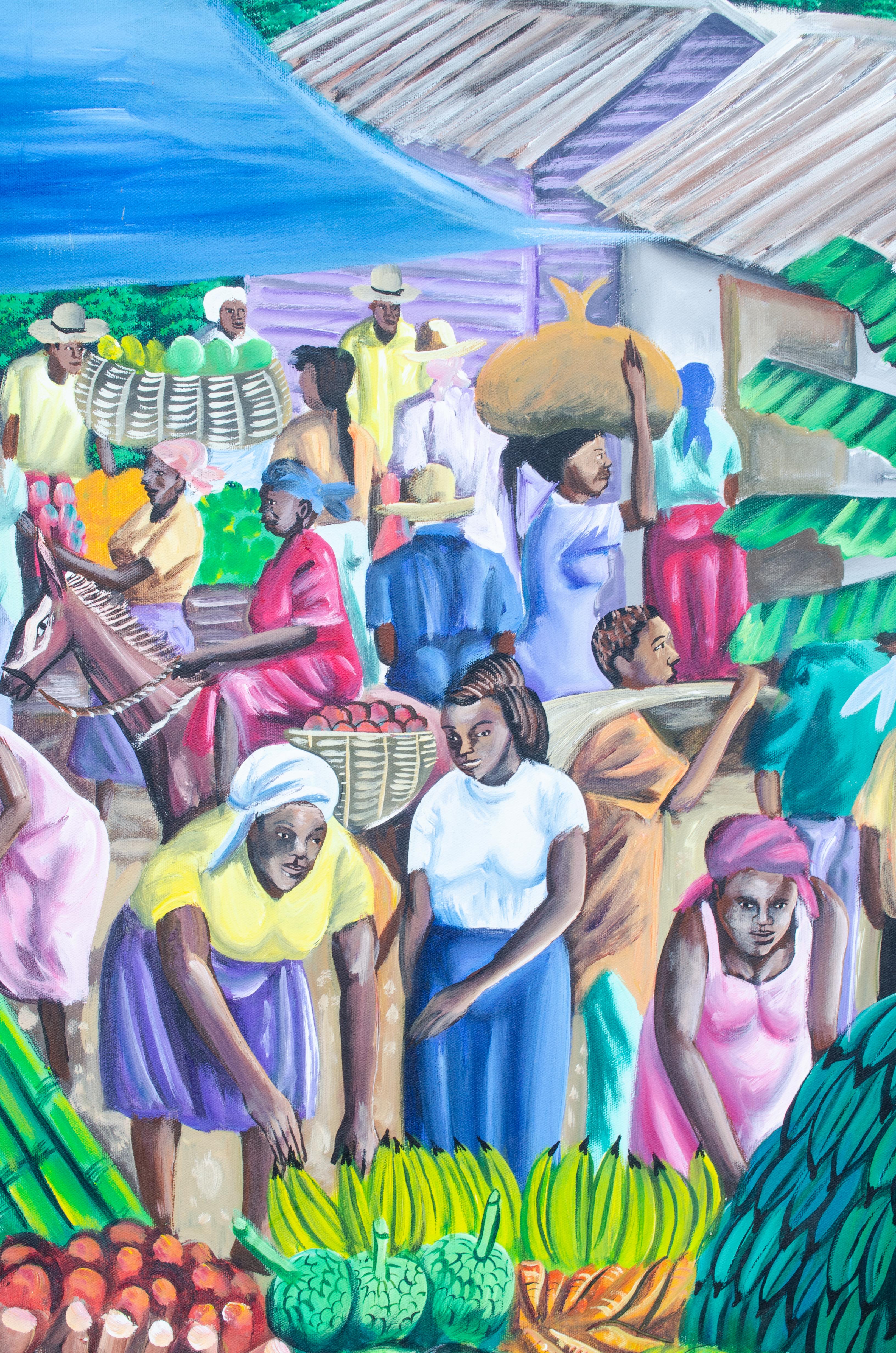 Hatian School, Caribbean Marketplace Signed H. Malcolm Jawi - Painting by Unknown