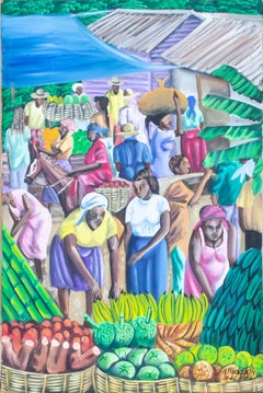 Hatian School, Caribbean Marketplace Signed H. Malcolm Jawi