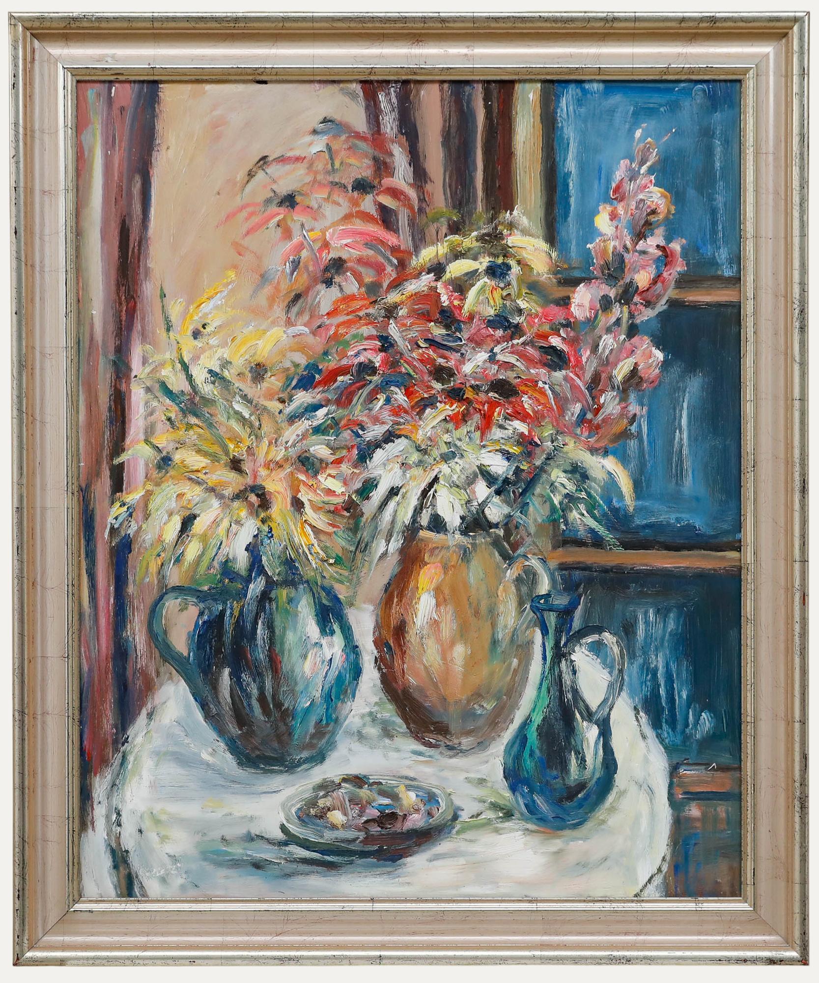 Still-Life Painting di Unknown - Hausner  - Olio, echinacea e terracotta del XX secolo