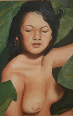 Retro Hawaiian Nude Exotic Pastel Painting