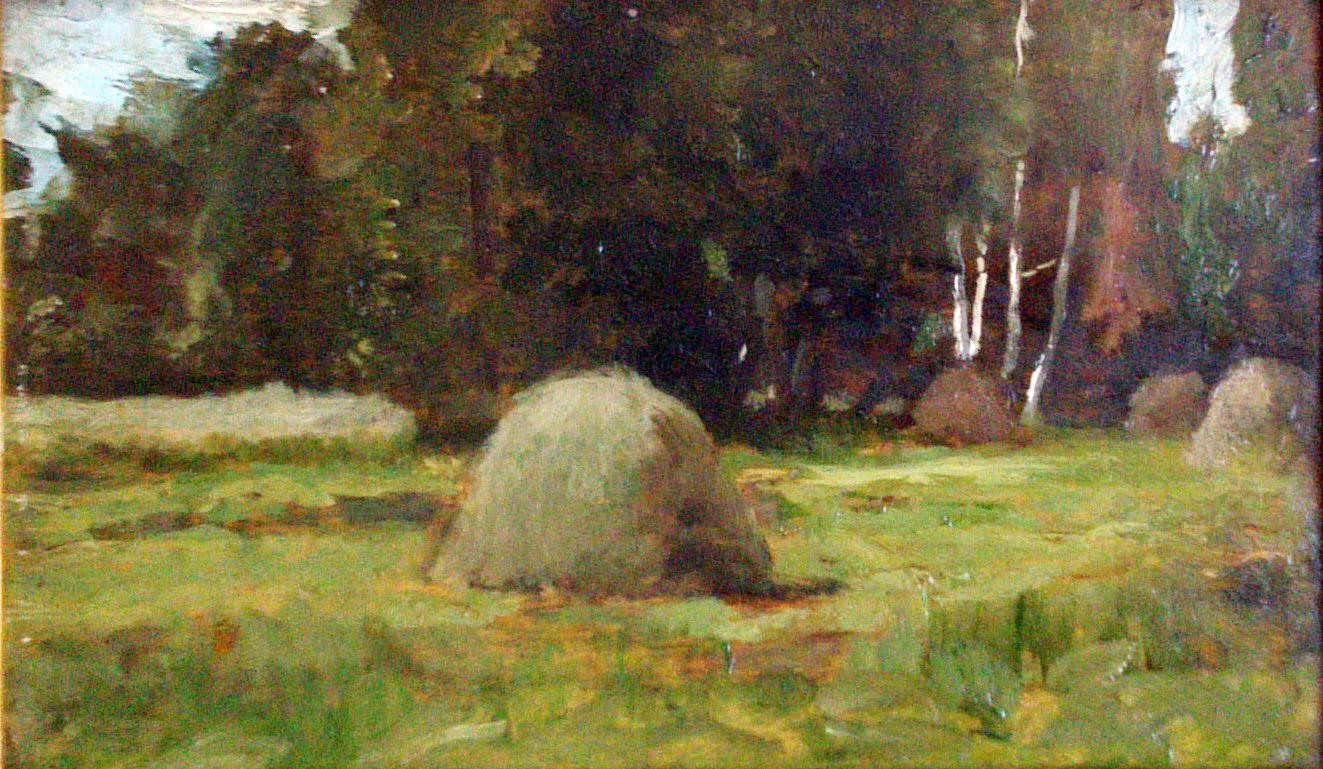 Unknown Figurative Painting - Study of Haystacks, 19th c. Barbizon School