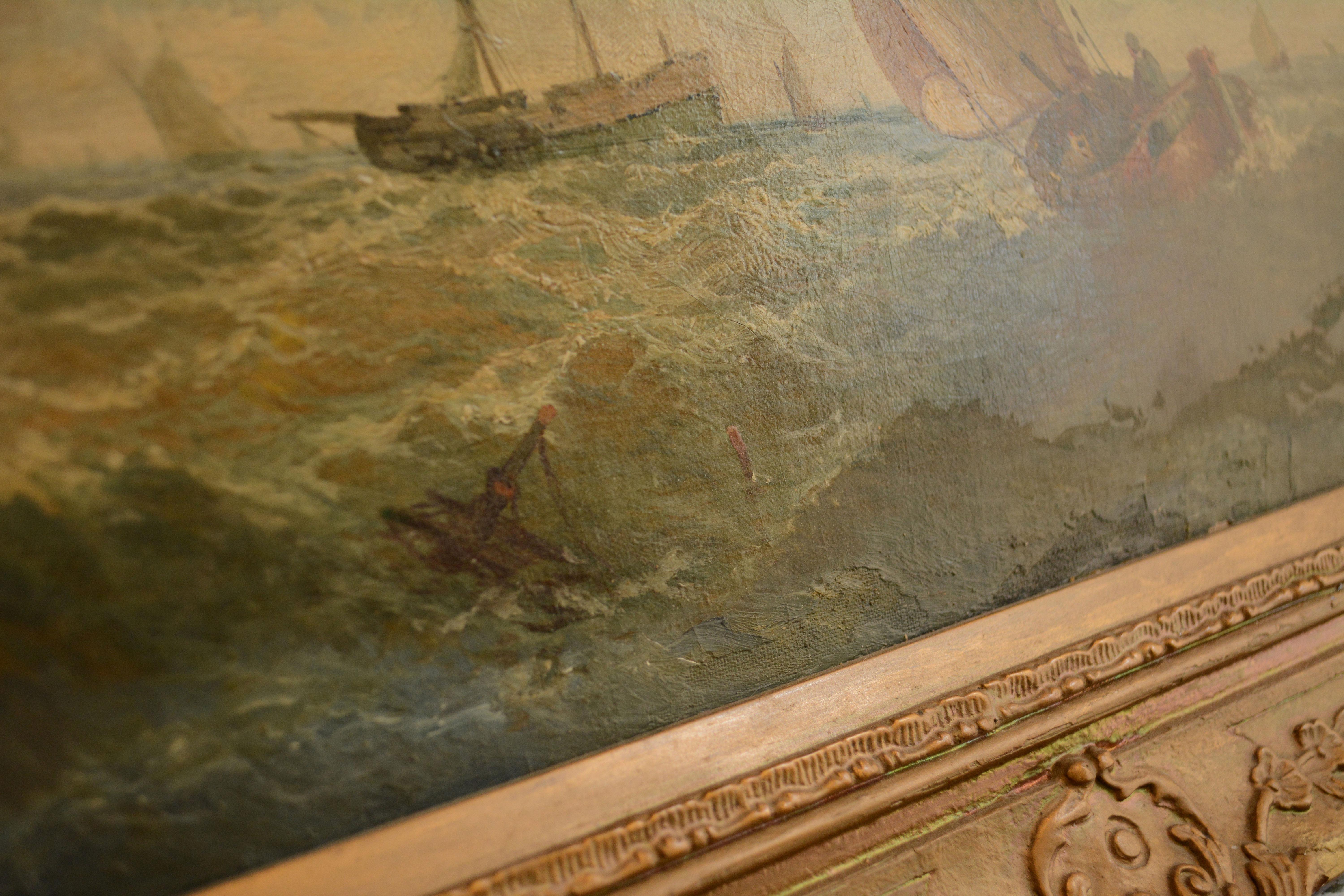 A sailor turns his boat away from land and sets out to sea in this bracing ocean scene. He will soon join a trawler out deeper, as well as other sailboats enjoying what appears to be a stiff breeze. A bit of shipwreck drifts off to the left of his