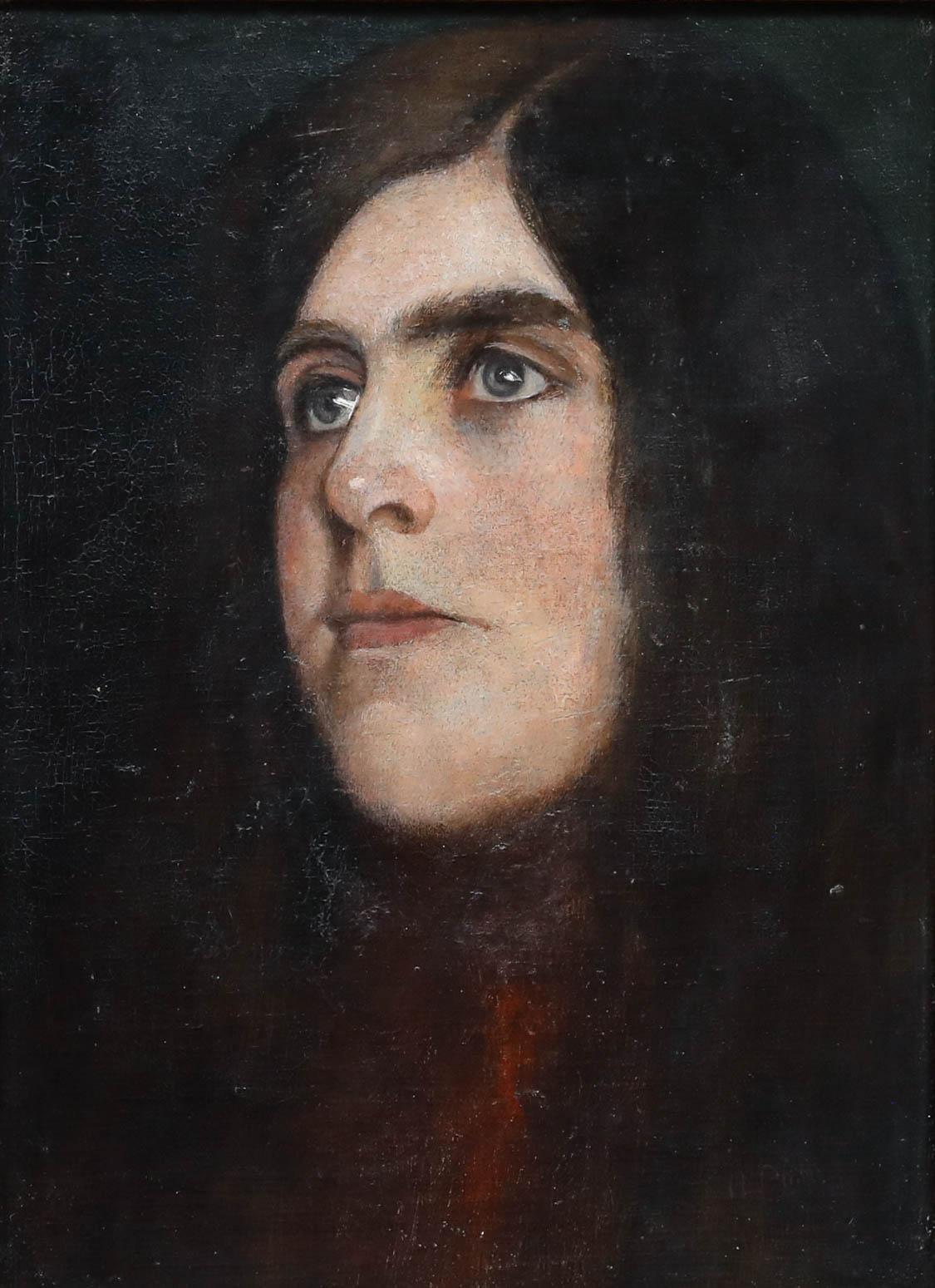 Heinrich Plühr (1859-1953) - Huile du début du 20e siècle, Fille aux yeux gris - Painting de Unknown