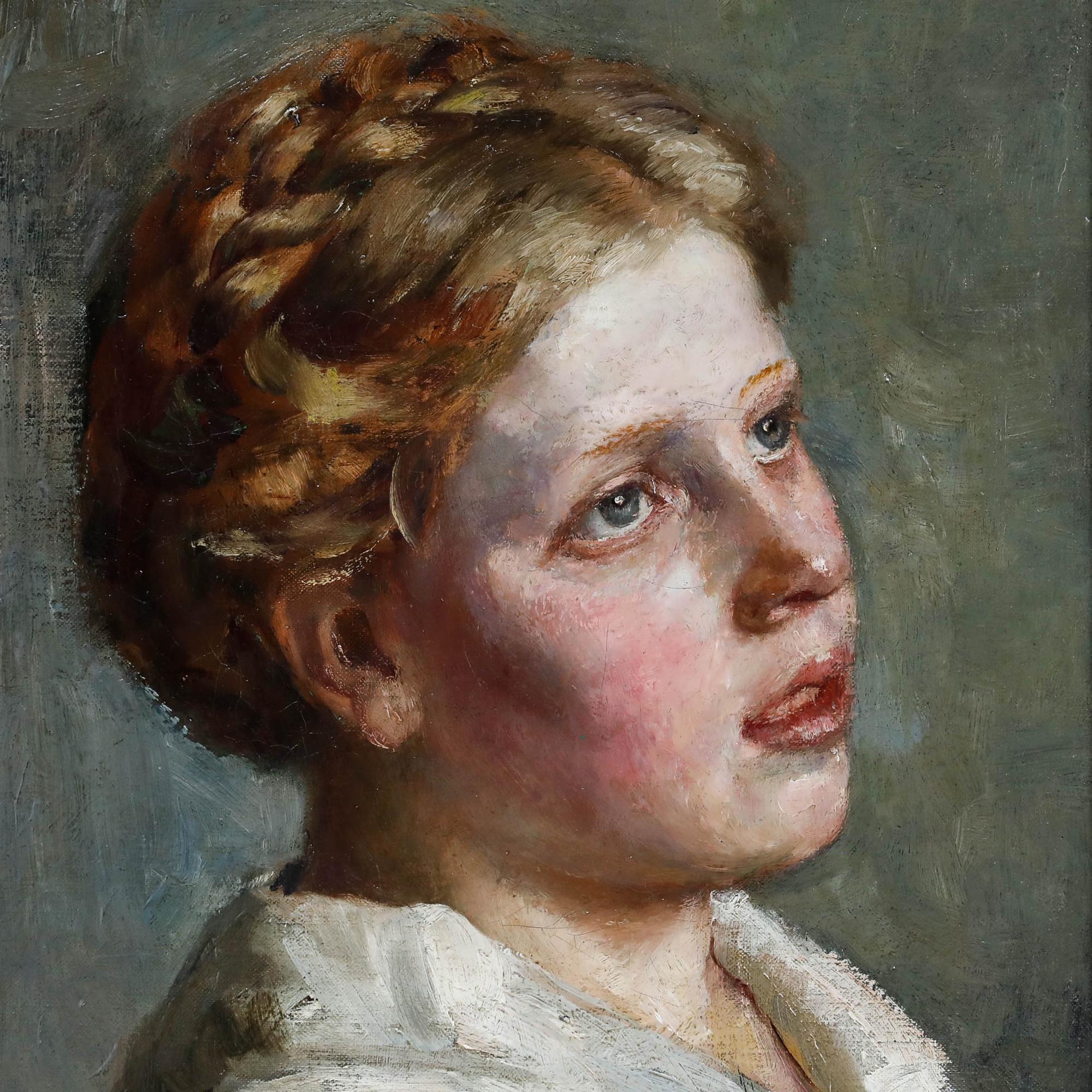 Ein gelungenes Porträt einer jungen Frau, die ihr Gesicht dem Licht zuwendet. Signiert oben rechts. Gut präsentiert in einem Rahmen mit Goldeffekt. Auf Leinwand auf Keilrahmen. Bildgröße: 43,5 x 28,5 cm.