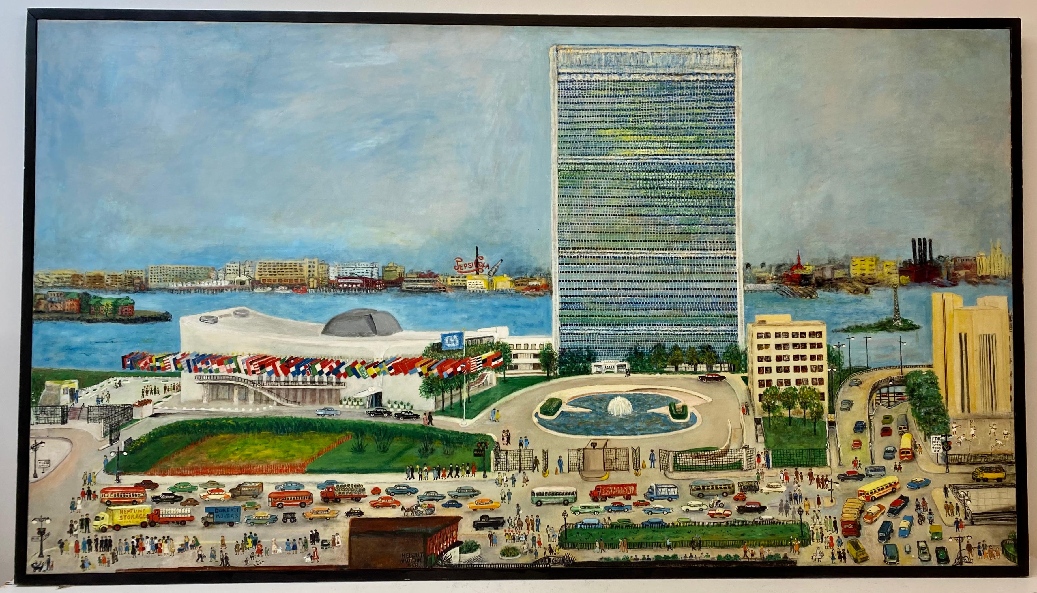 Helen Mauldin New York City "United Nations" Large Scale Folk Art Painting 1958