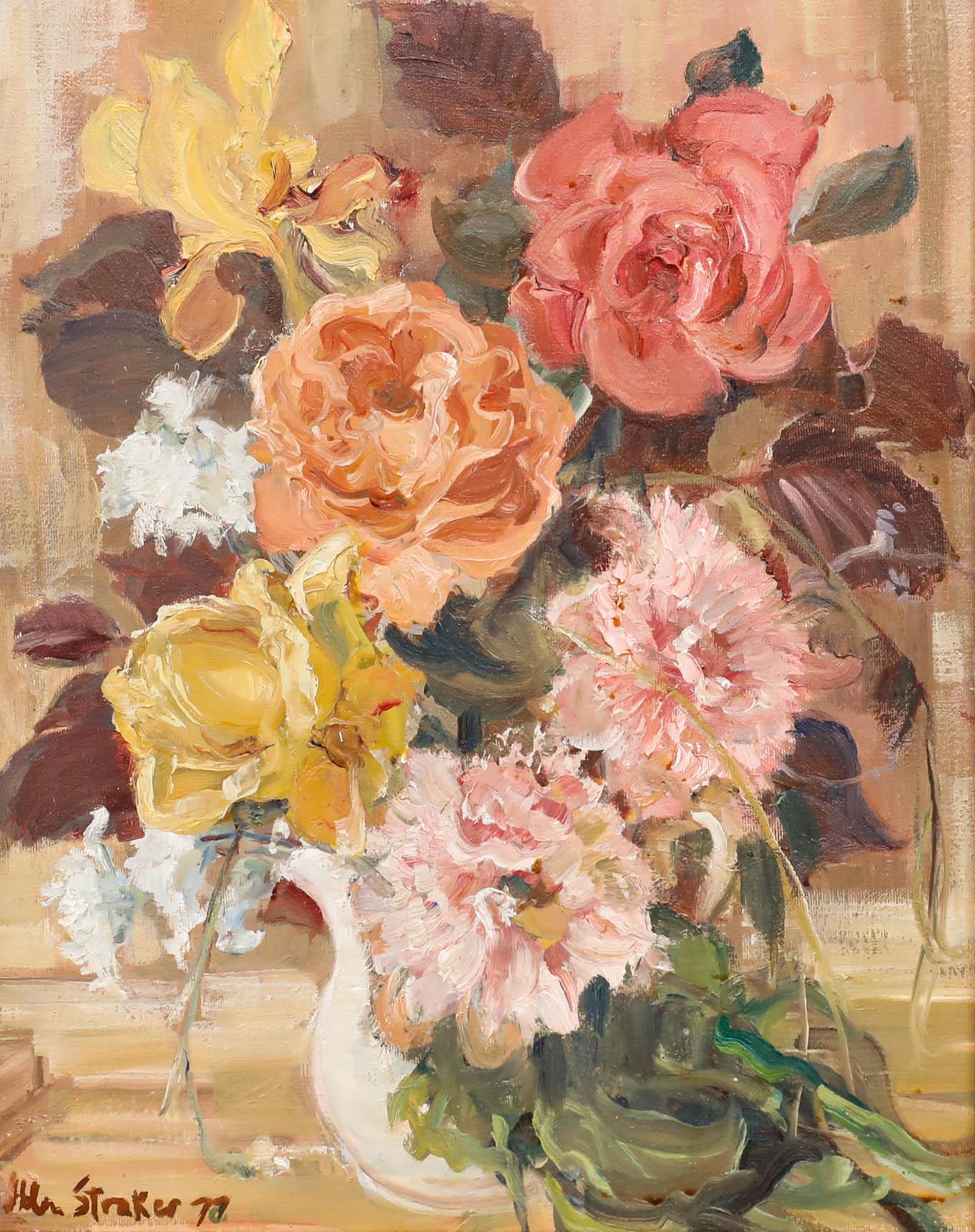Helen Straker - Framed 20th Century Oil, A Vase of Roses - Painting by Unknown