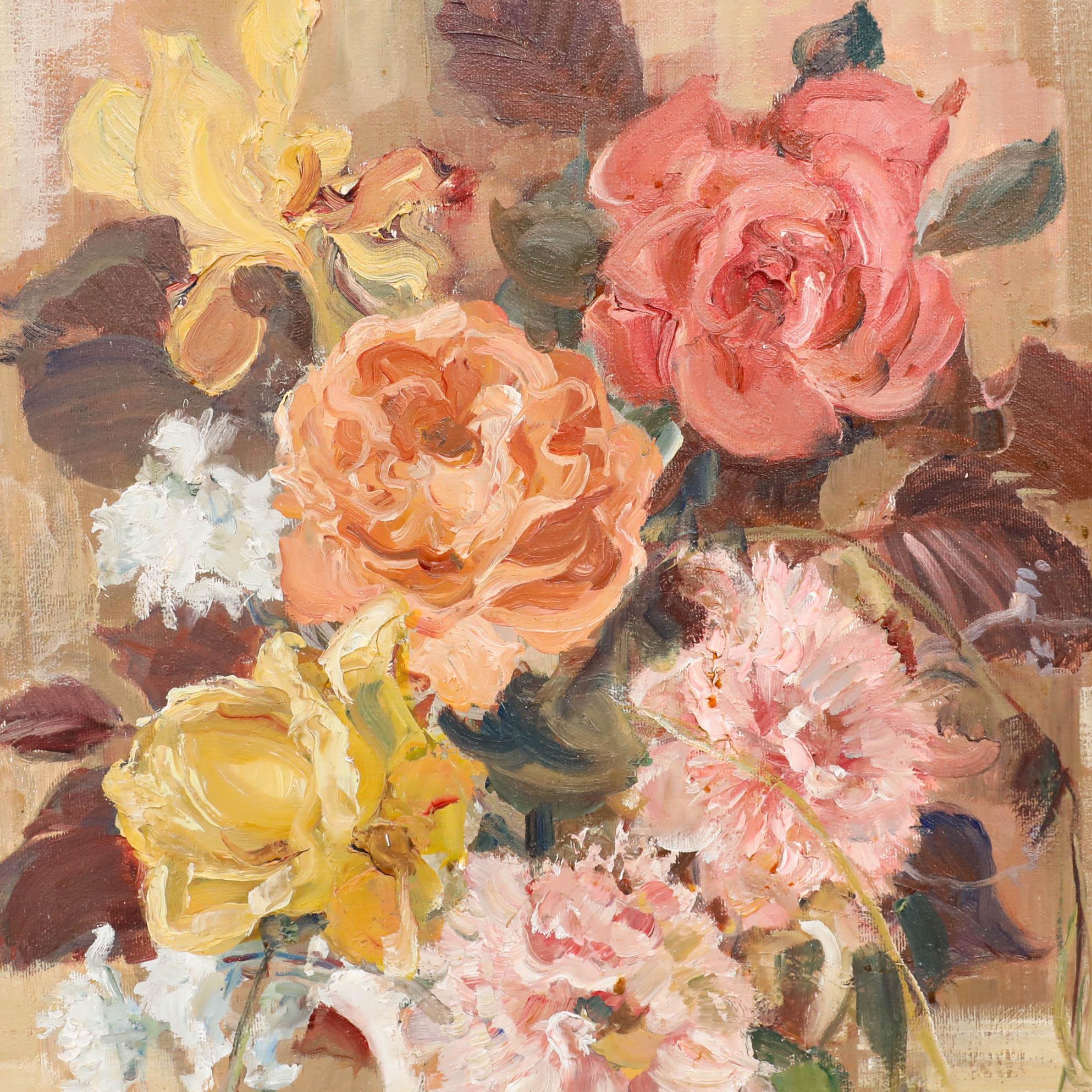 A vibrant still life painting depicting a variety of garden roses in a white ceramic vase. The artist captures the composition with loose, expressive brushwork in a soft impasto style. Well presented in a contemporary gilt effect frame. Signed to