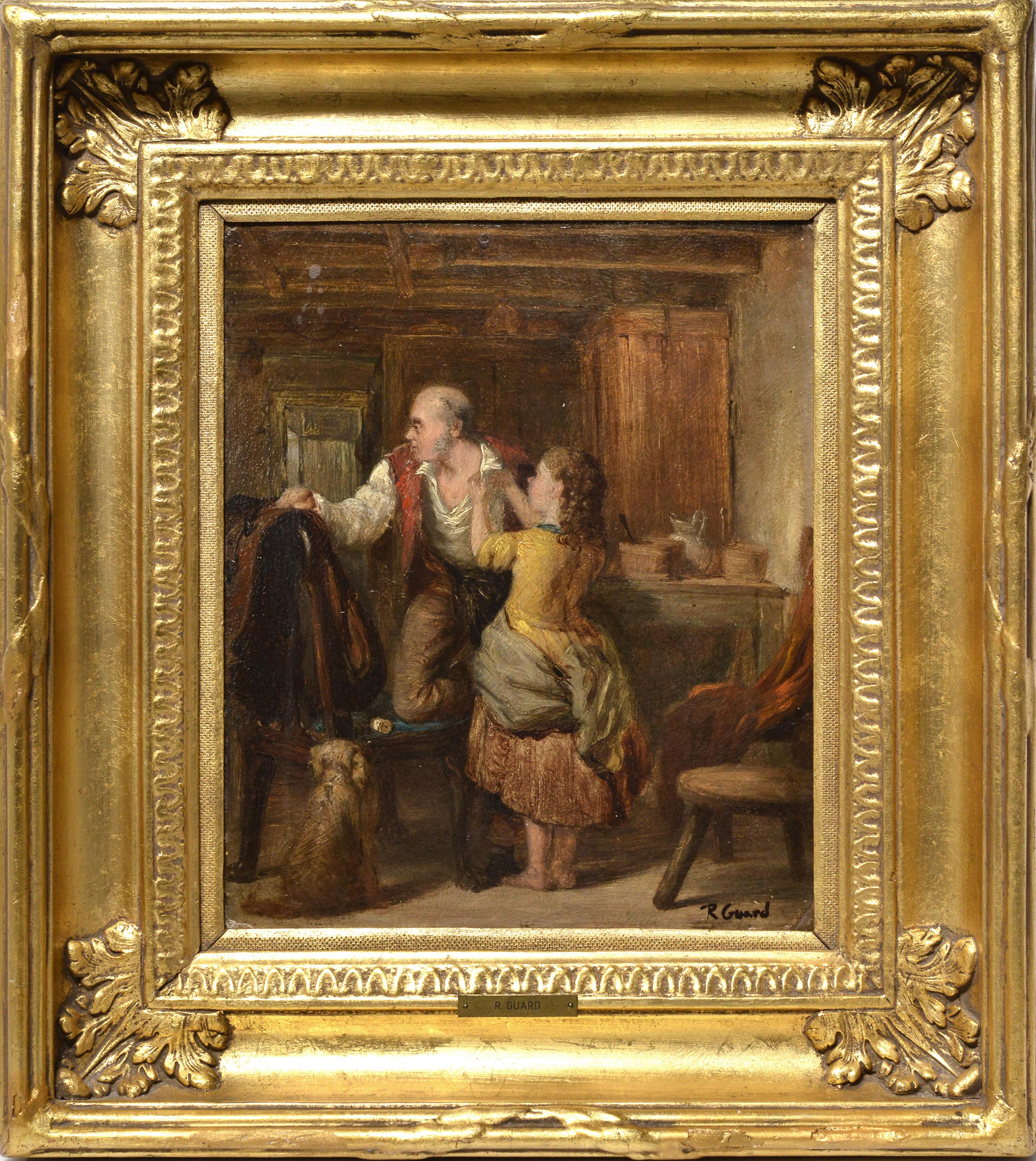 Helping Dad Lovely Family Scene 19th century Scottish Oil Painting Framed