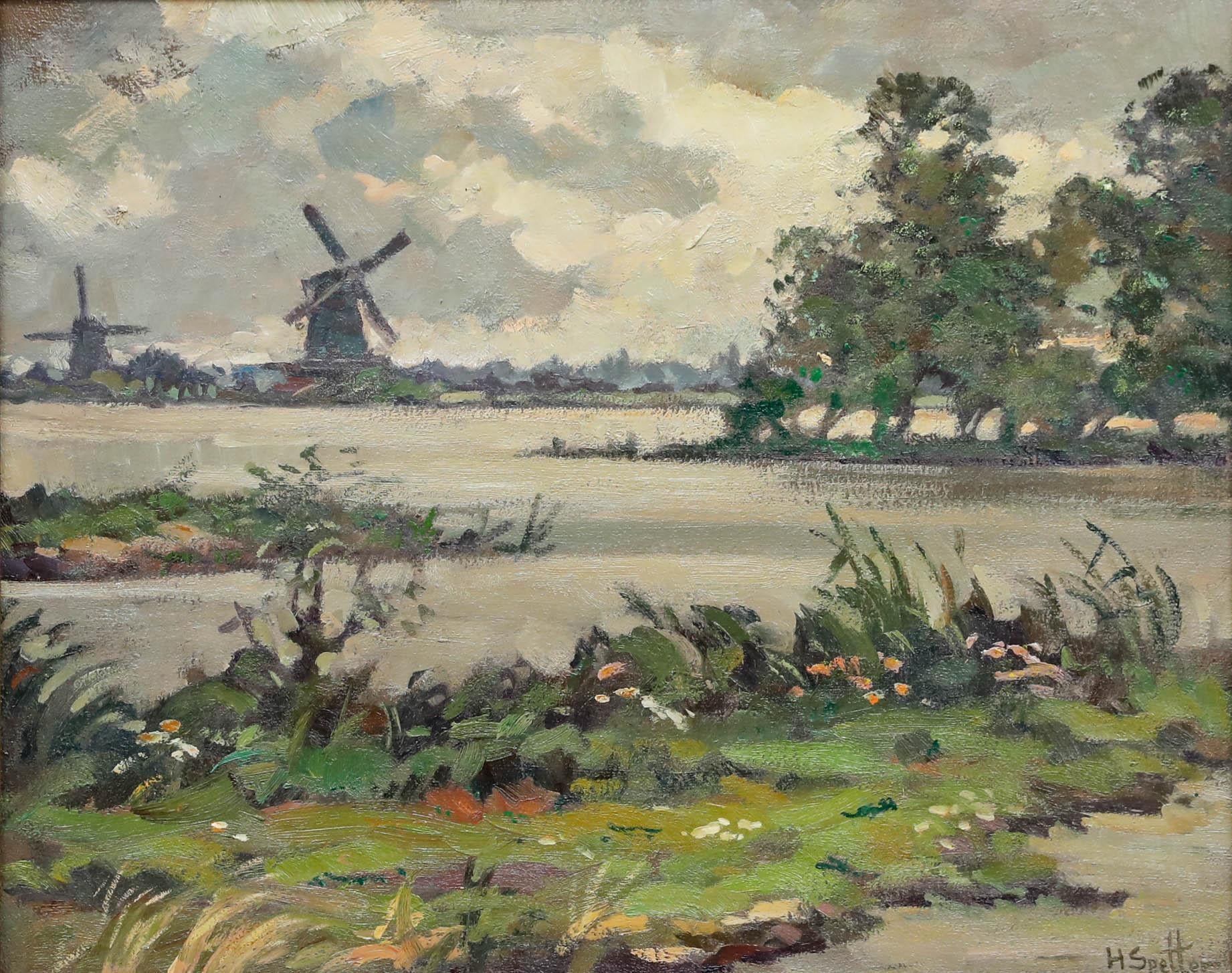 Hendrik Spetter (1902-1985) - Framed Oil, Water-rich Landscape with Windmills - Painting by Unknown