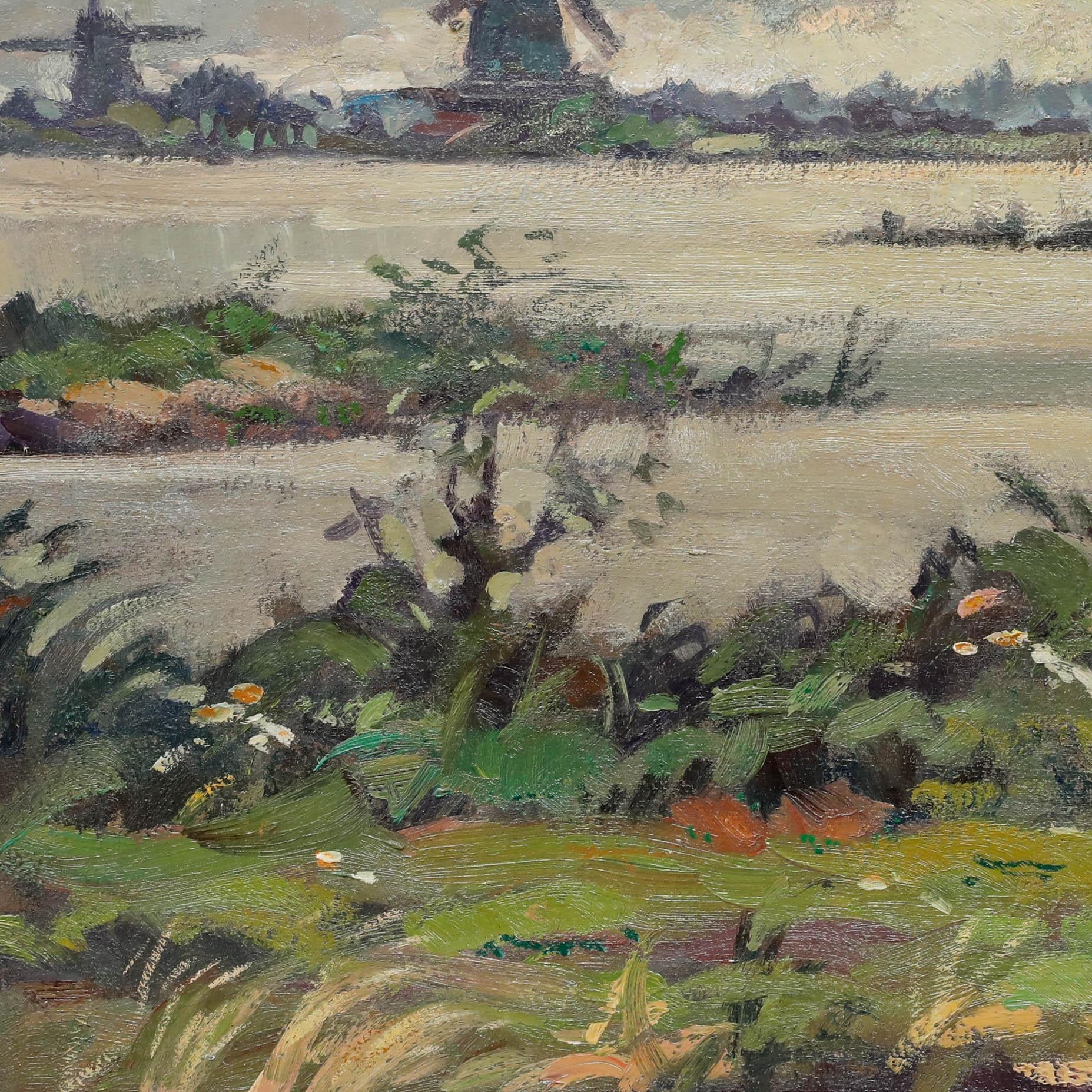 This impressive mid-century landscape captures the serene beauty of the Netherlands, water-rich and dotted with windmills. Well presented in an ornate gilt effect frame with swept rails and elaborate shell and acanthus mouldings. Signed 'H. Spetter'