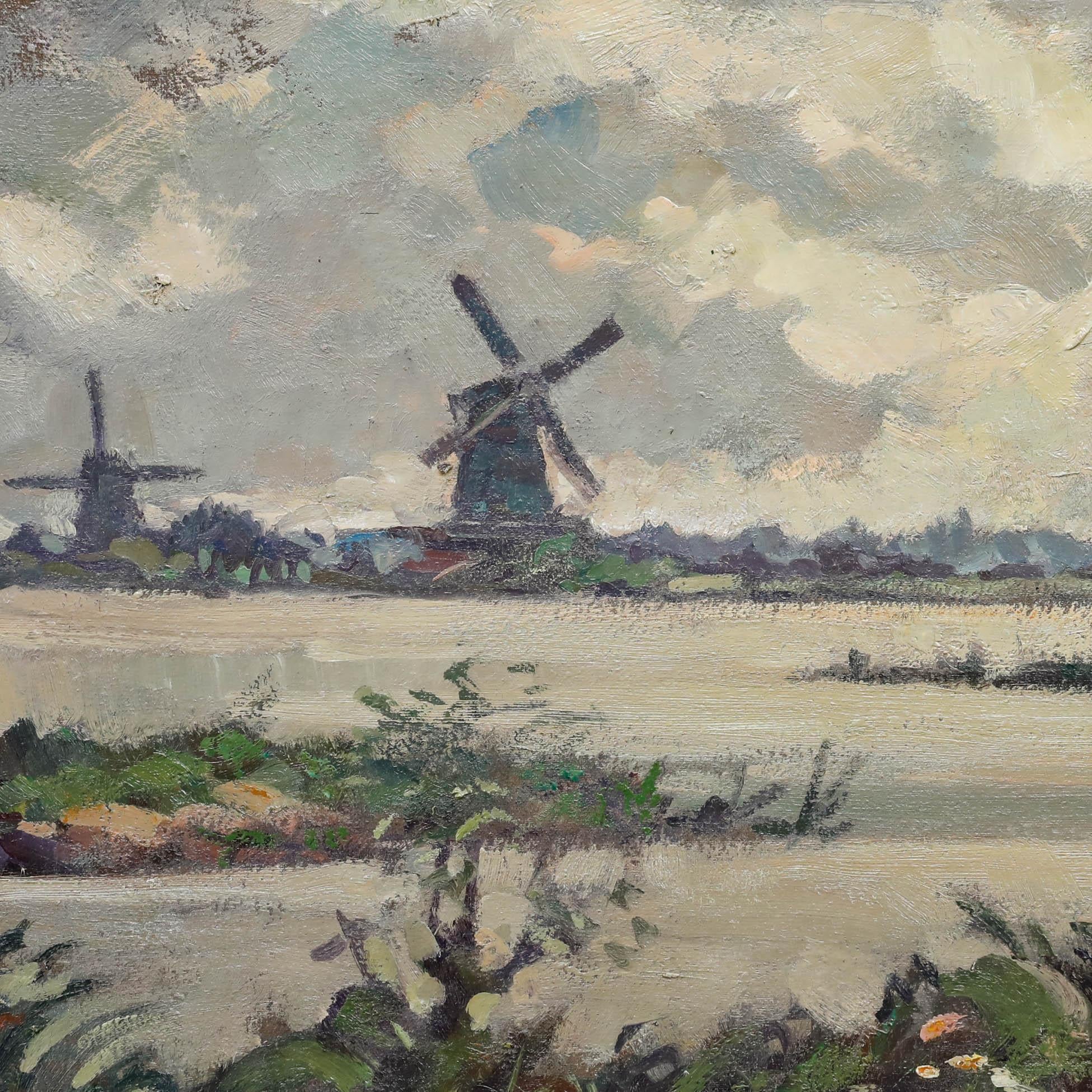 Hendrik Spetter (1902-1985) - Framed Oil, Water-rich Landscape with Windmills For Sale 1