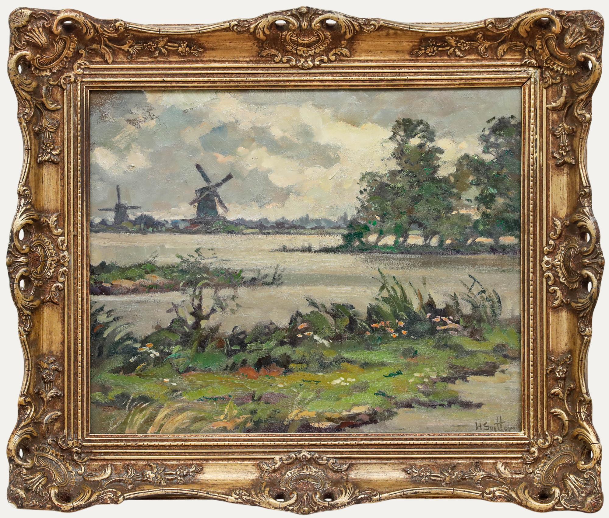 Unknown Landscape Painting - Hendrik Spetter (1902-1985) - Framed Oil, Water-rich Landscape with Windmills