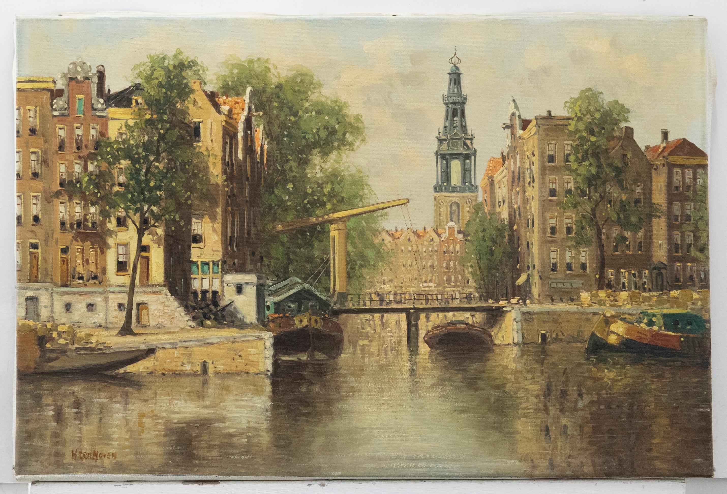 Hendrik Ten Hoven (1901-1978) - Siglo XX Óleo, Escena del canal de Amsterdam - Painting de Unknown