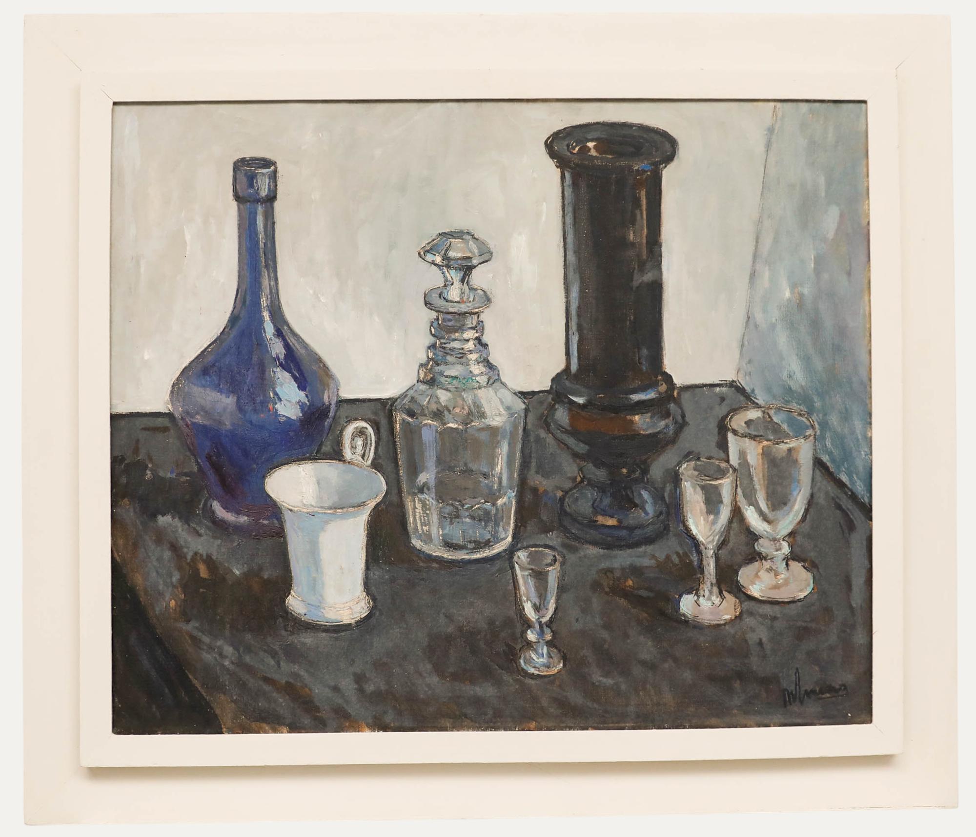 Unknown Still-Life Painting – Henk Maas (1924-2005) - Niederländische Schule 1959 Öl, blaues Glas