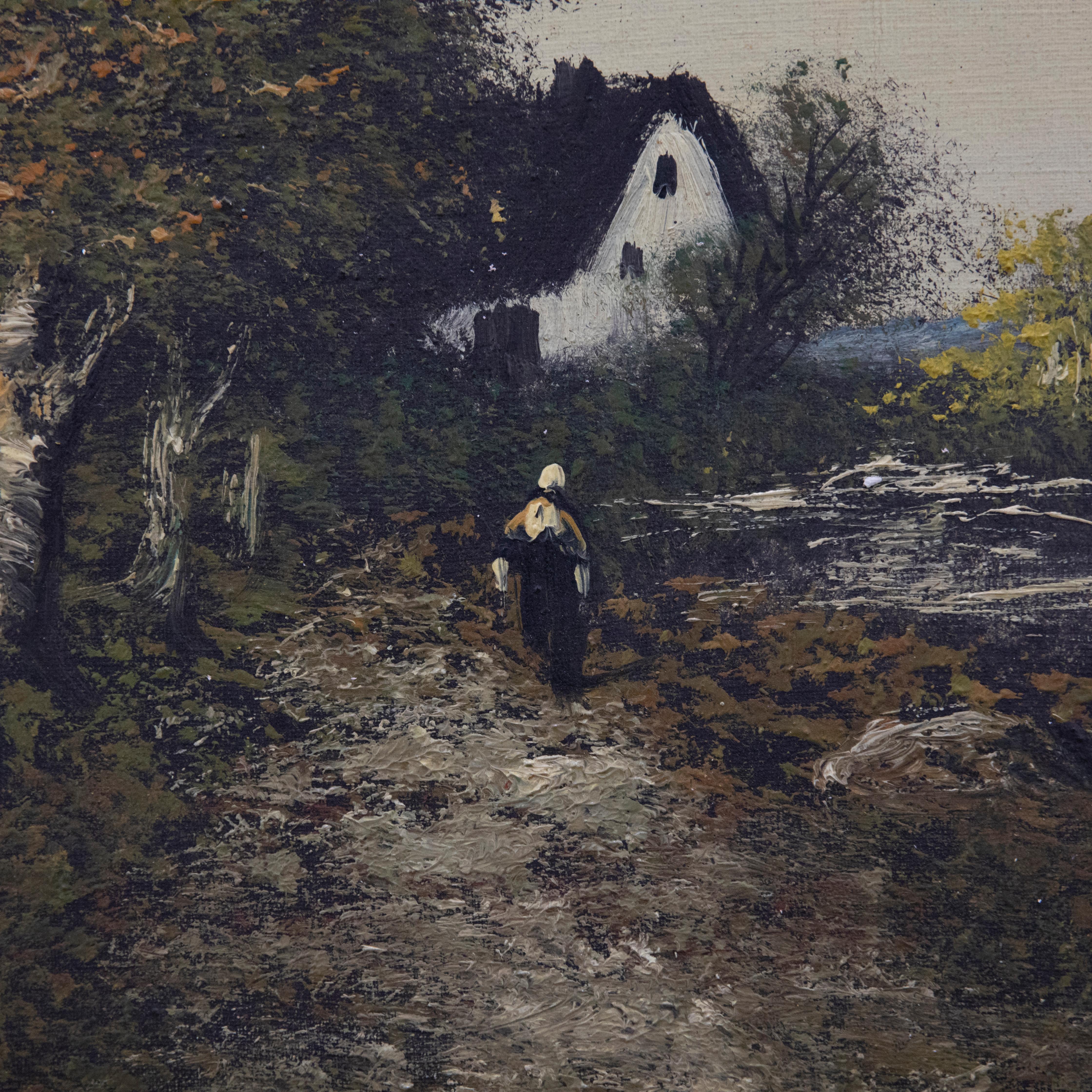 Uno splendido studio impressionistico dell'artista francese Henri Catrou (1855-1938). La scena mostra un idilliaco paesaggio di campagna con una sola figura che cammina davanti a due cottage con il tetto di paglia. Il dipinto è stato ben presentato