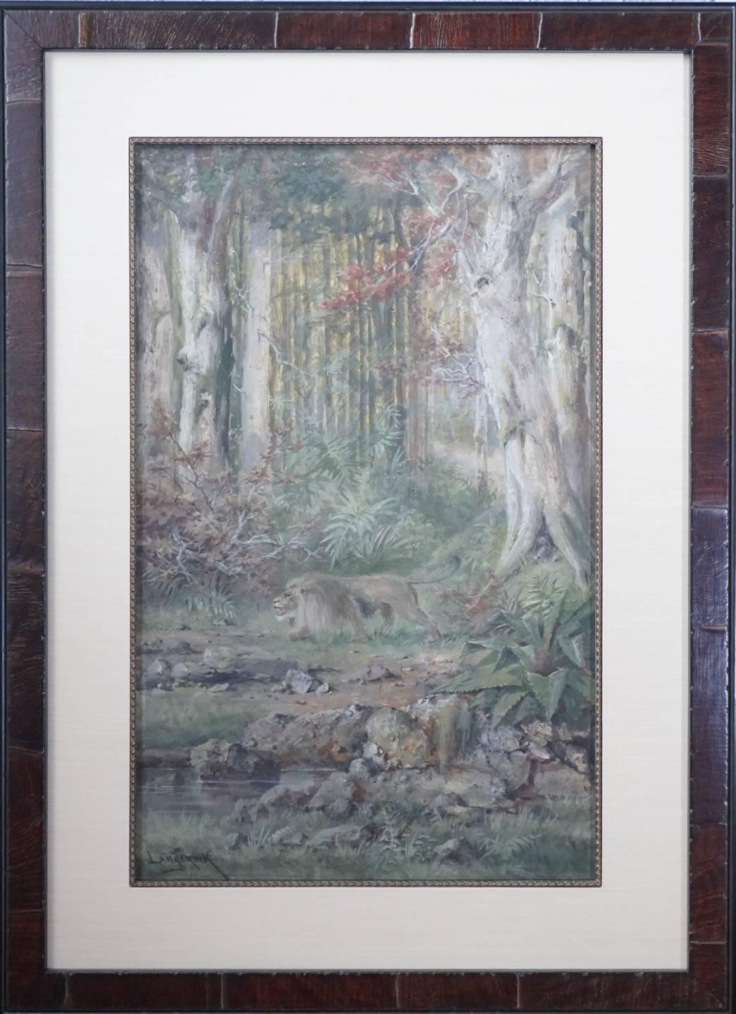 Henri Langerock Belgium Watercolor 'Prowling Lion in the Jungle' - Barbizon School Painting by Unknown