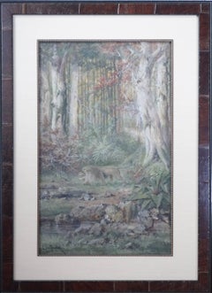 Henri Langerock Belgium Watercolor 'Prowling Lion in the Jungle'