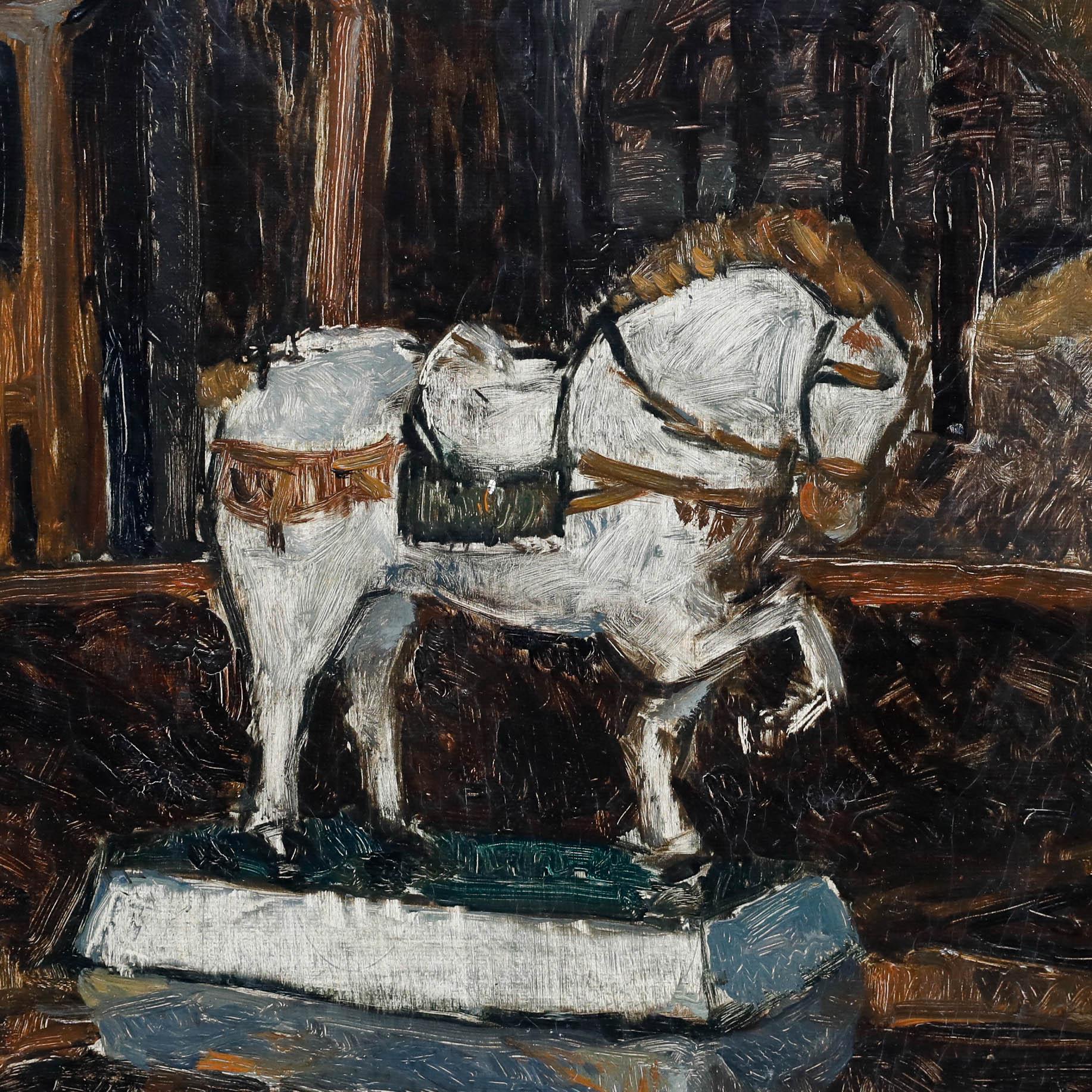 A charming oil on panel by the Impressionist painter Henri Louis-Ph. Leroux (1872-1942). The composition depicts a lavish dining room interior with a white ceramic horse positioned as the focal point, on a highly polished wooden table. The oil has