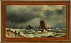 Vintage Henrie Pitcher - Gilt Framed 1909 Oil, Coastal Scene with Figures and Boats