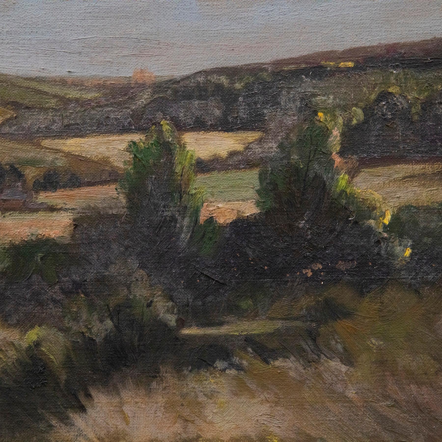 Un affascinante studio a olio che ritrae un paesaggio di campagna in piena estate. Etichetta della mostra di Birmingham 