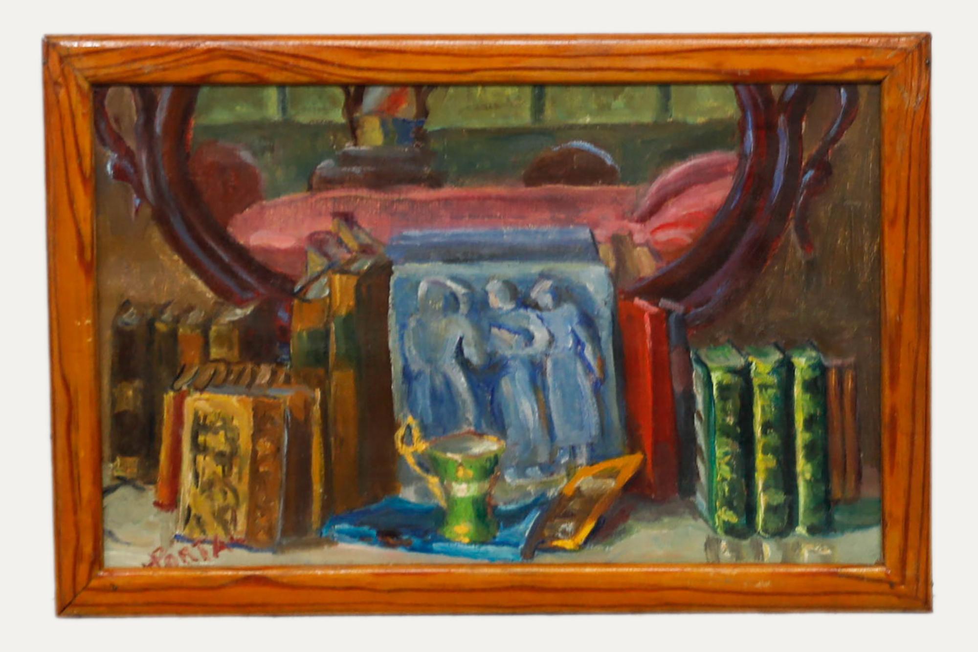 Unknown Still-Life Painting - Henry Portal (1890-1982) - 1959 Oil, The Bookshelf