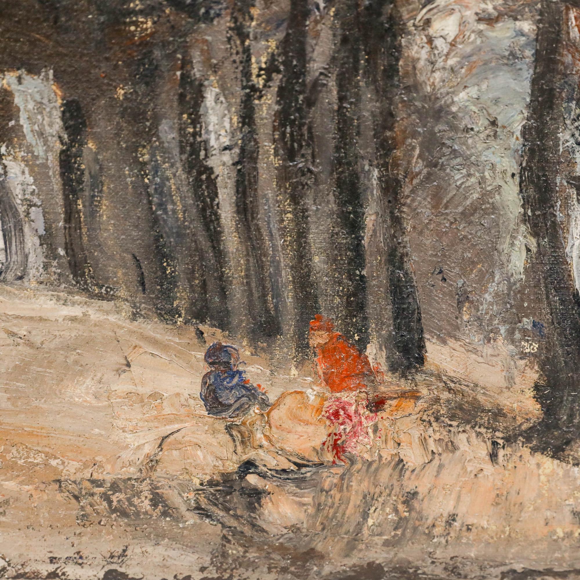 This atmospheric landscape painting depicts a tree-lined path or avenue rendered in muted earth tones of brown, grey, and ochre, with bare winter trees creating a natural corridor that draws the viewer's eye toward the horizon. Signed to the lower